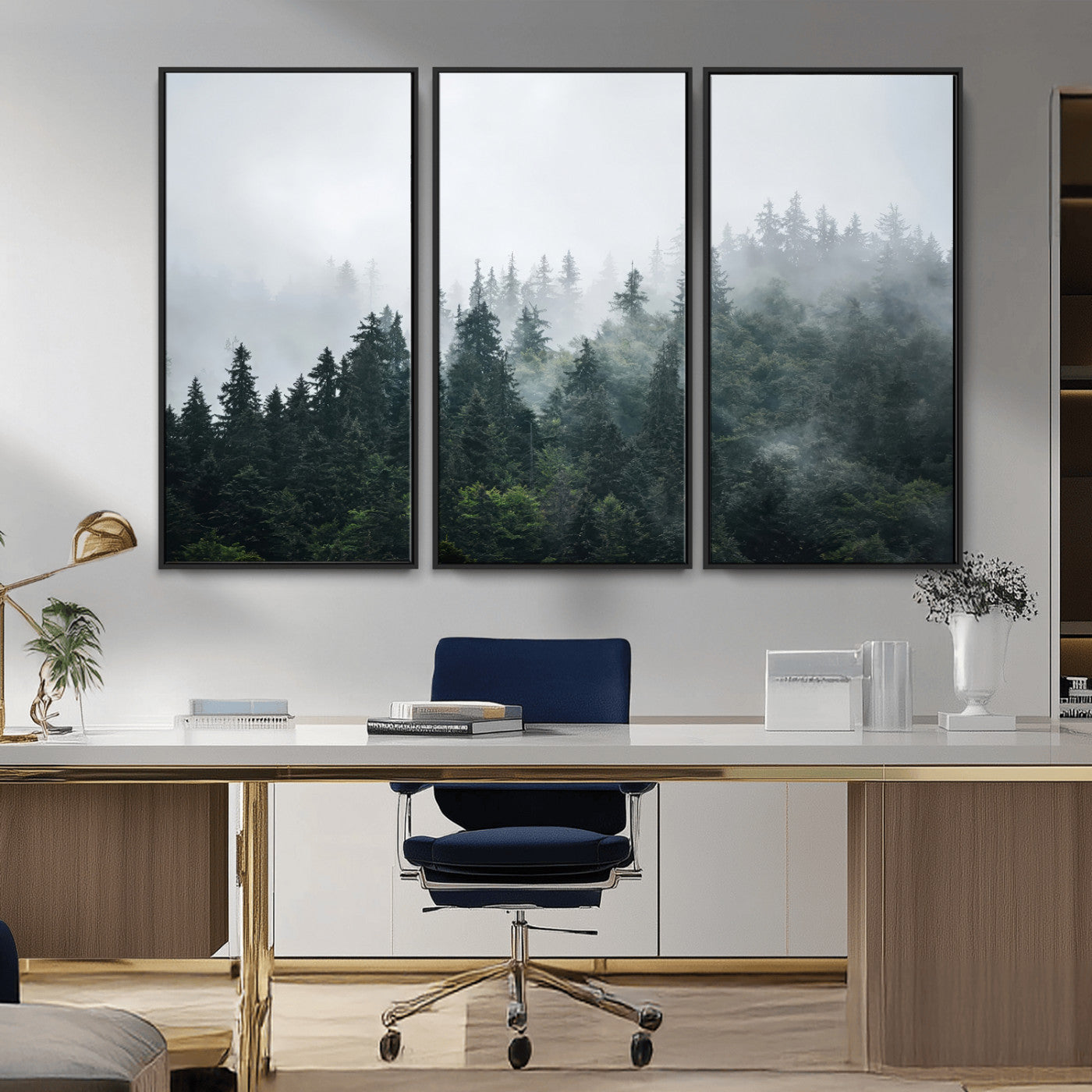 A misty evergreen forest shrouded in soft fog, creating a tranquil and moody landscape with lush green trees fading into the distance.