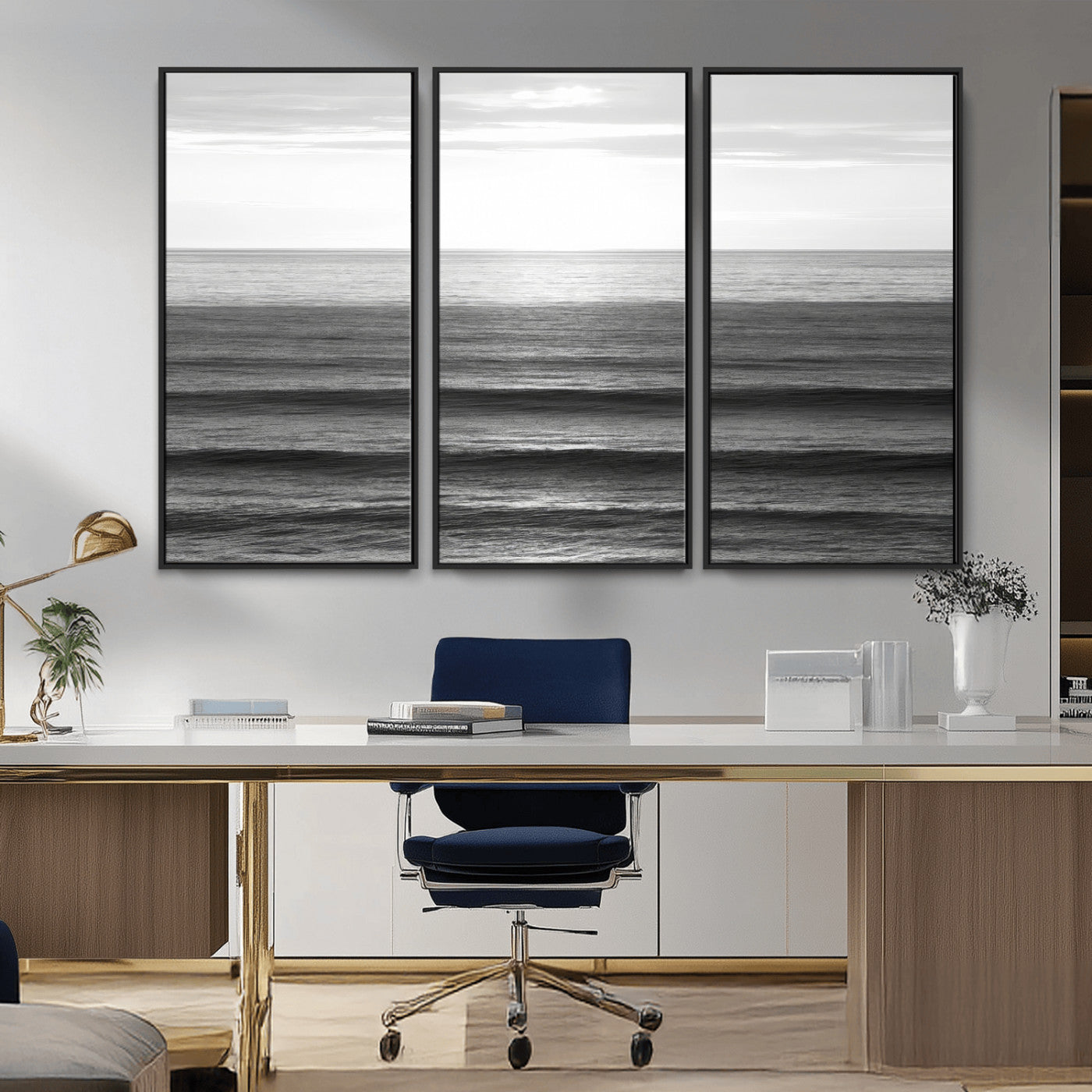 Minimalist black and white ocean view with layered waves reflecting sunlight, evoking a sense of calm and coastal serenity.