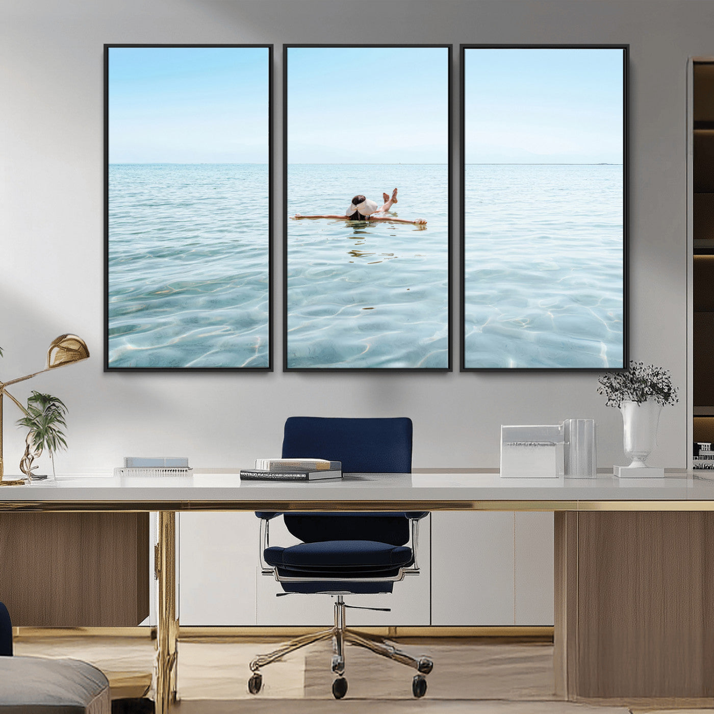 A peaceful minimalist scene of a person floating on crystal-clear water, surrounded by a vast open horizon, capturing relaxation and serenity in a tranquil aquatic setting.
