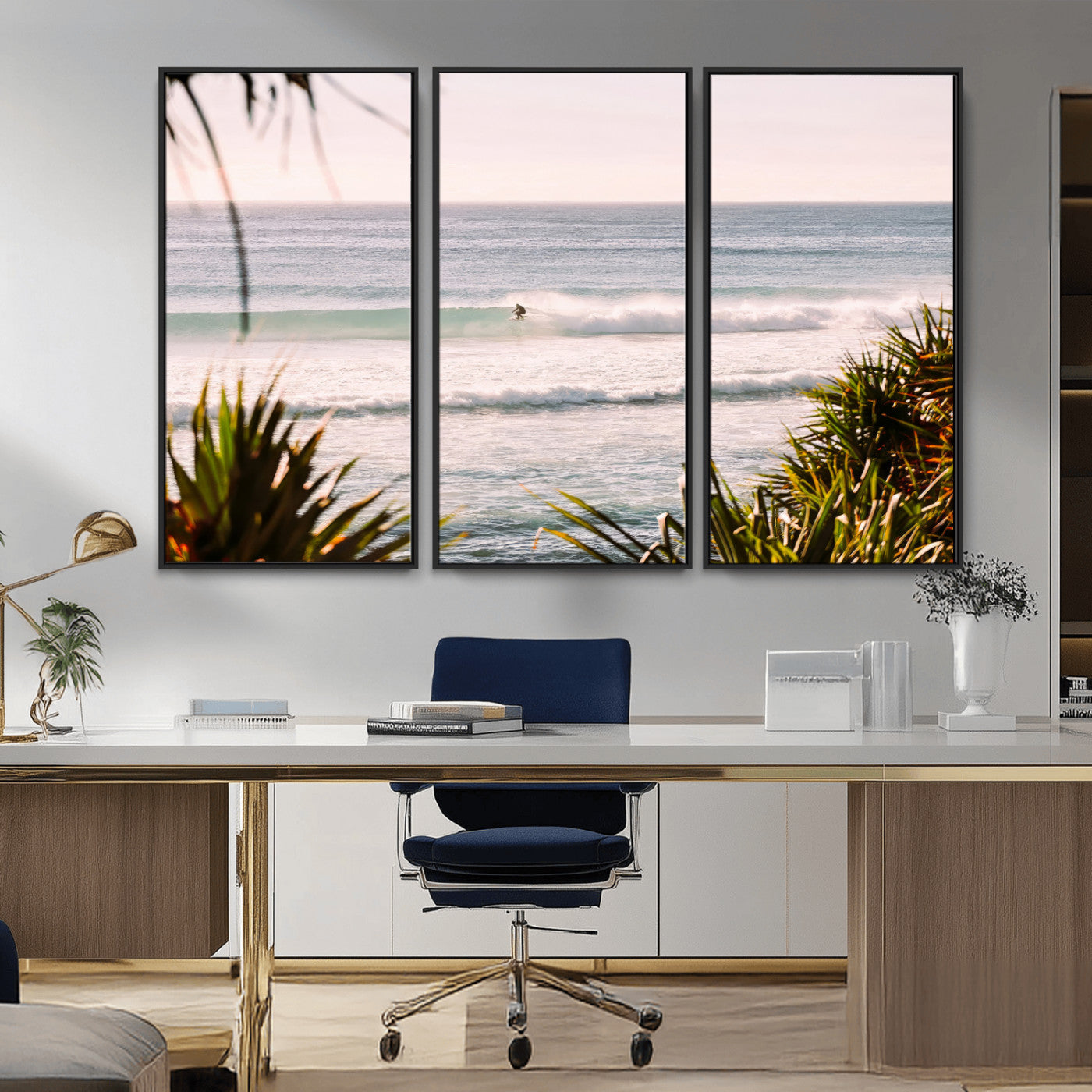 Canvas of a lone surfer riding a pastel wave at sunrise, perfect for tropical or coastal-themed spaces with a relaxed, airy vibe.