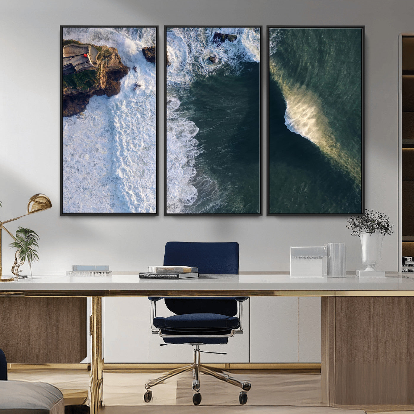 Canvas showing an aerial view of crashing waves along the Nazaré coastline, perfect for dramatic coastal or ocean-themed home decor.