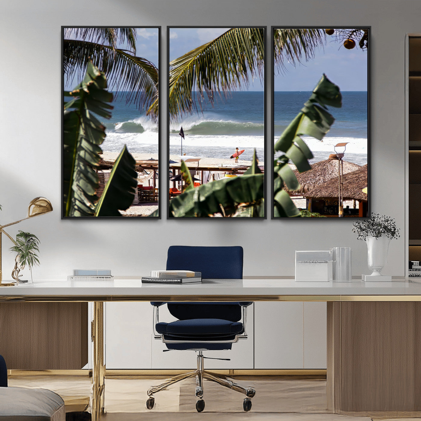 Canvas wall art of a tropical surf scene framed by palm trees, with a surfer on the shore and waves rolling in, ideal for beach-themed decor.