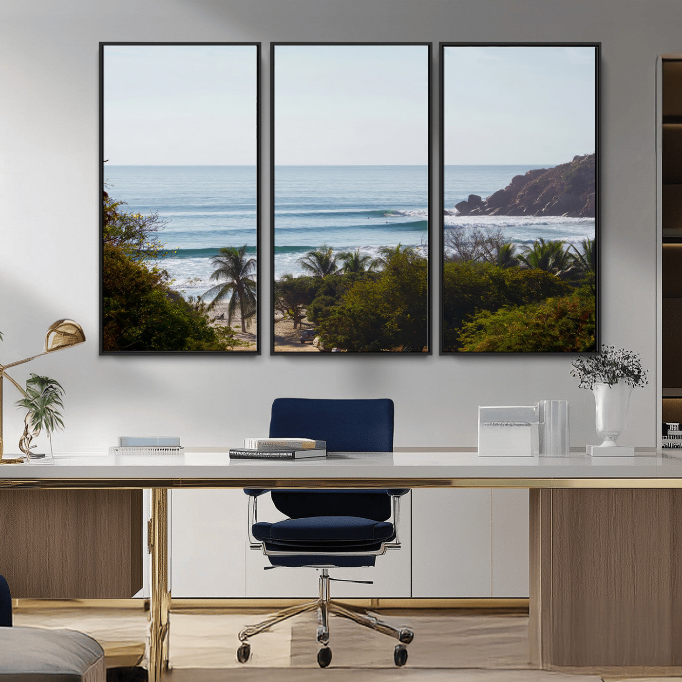 View of calm ocean waves with palm trees and a tropical coastline, ideal for coastal boho or beach-themed wall decor.