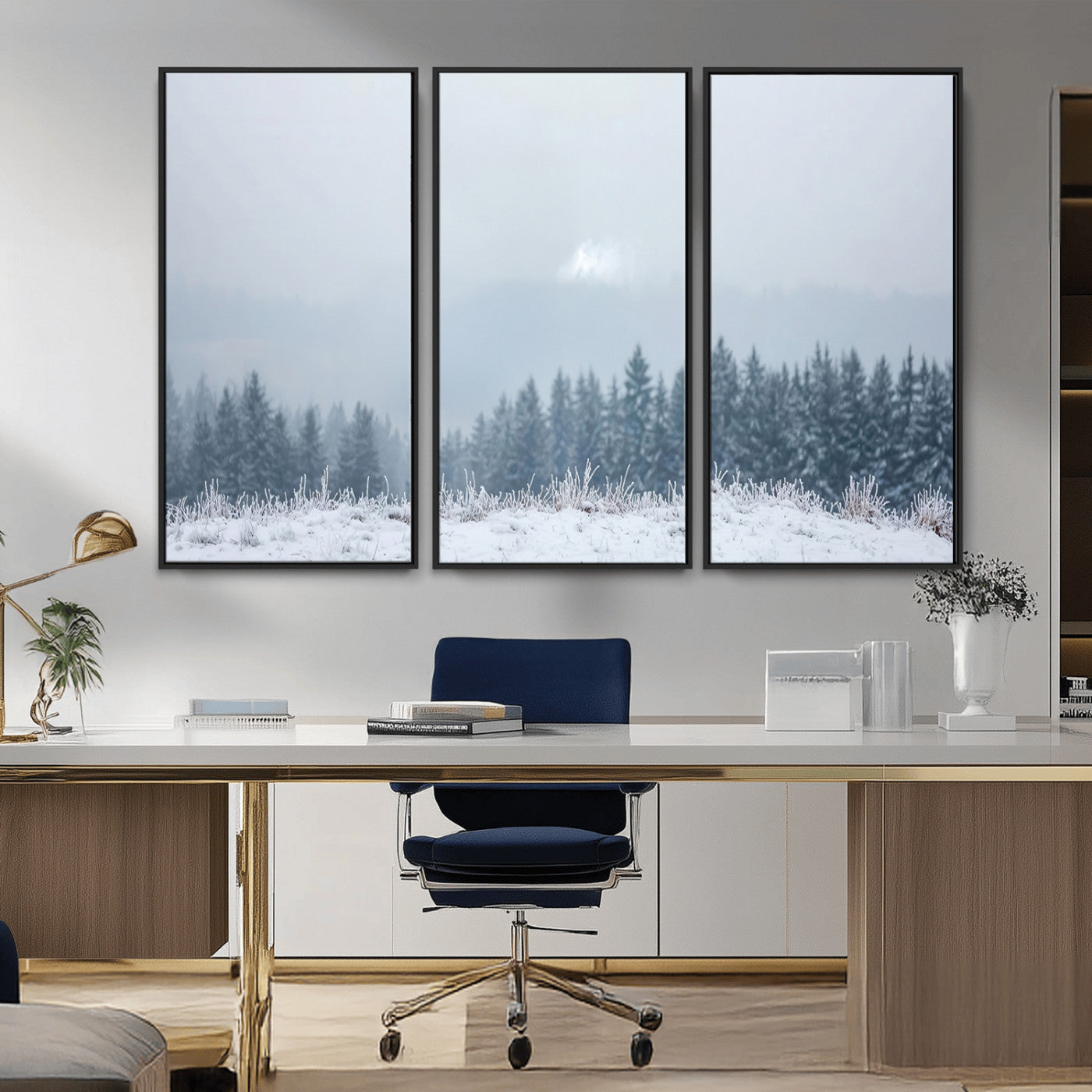 Snow-covered forest under misty sky, soft light breaking through clouds, ideal for minimalist or Nordic-inspired home decor.