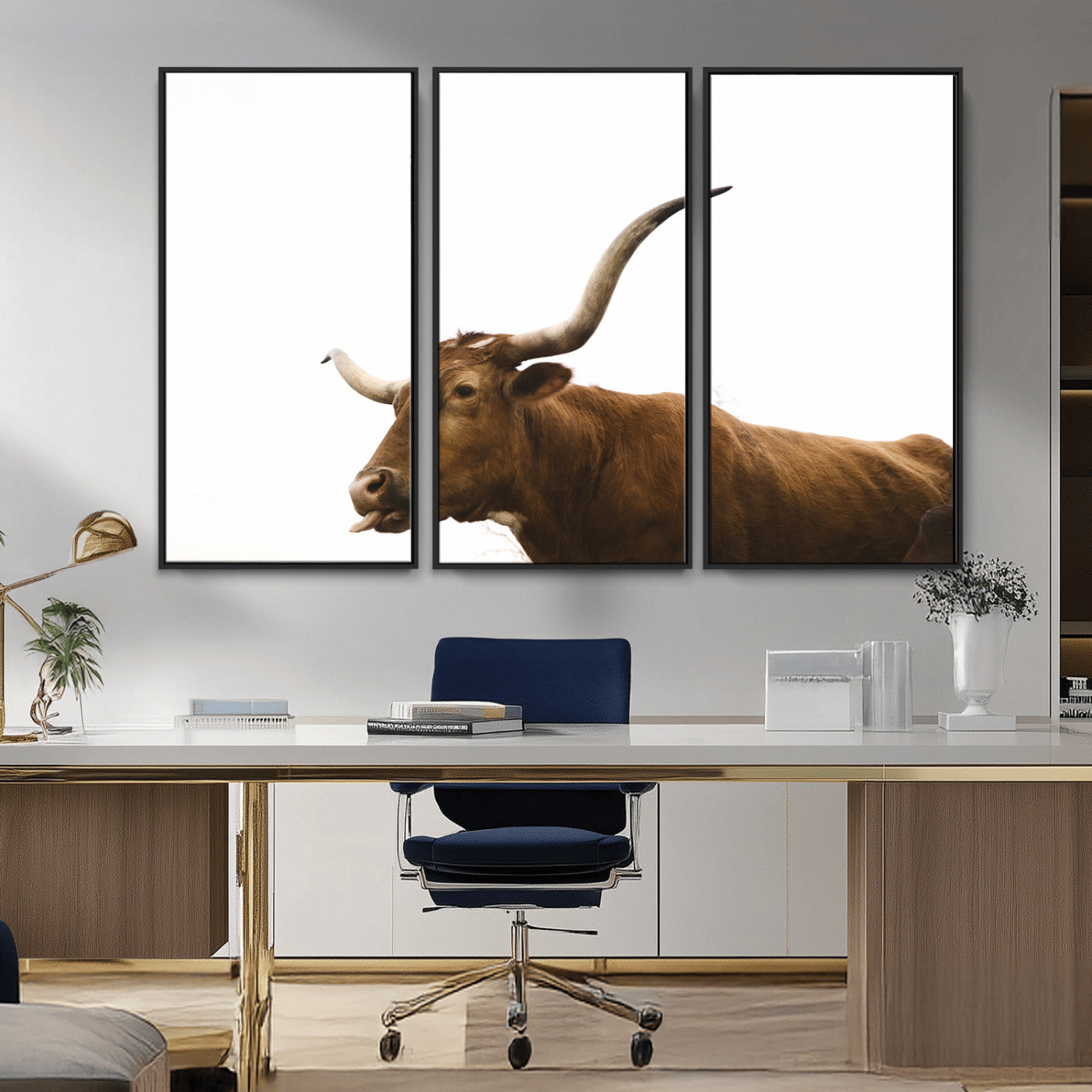 Minimal photo of a longhorn cow with white background, ideal for rustic, western or farmhouse-style interior decor.
