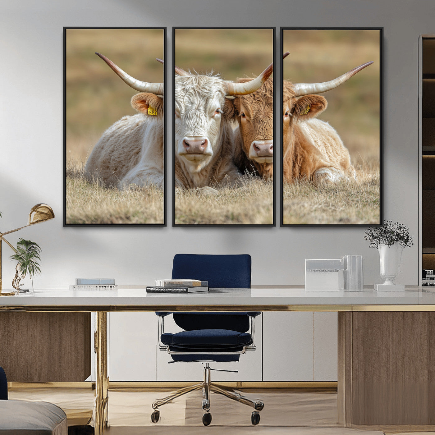 Two cows laying closely in a dry grassy field, captured in soft light, perfect for rustic farmhouse or western style home decor.