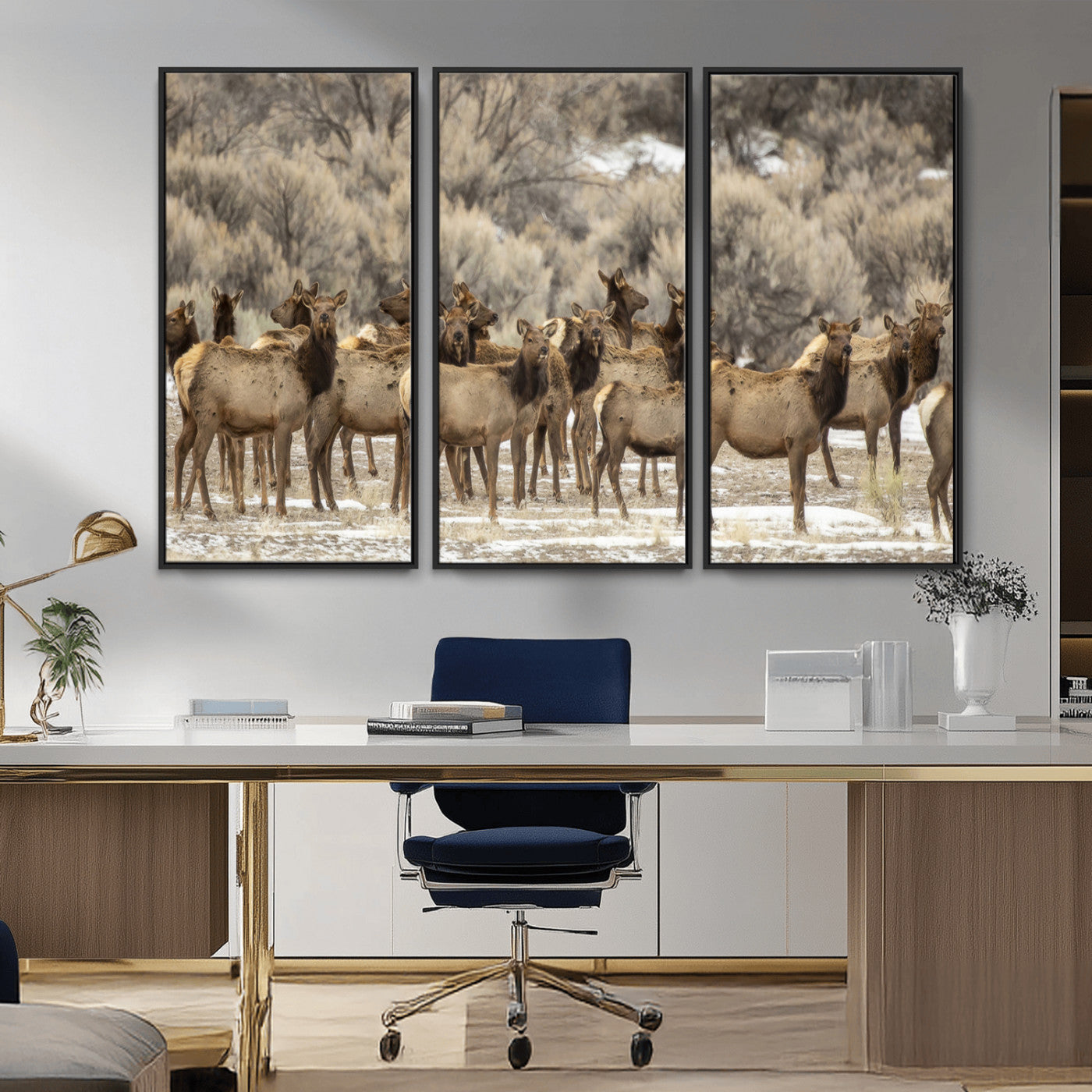 A large herd of elk standing in an open field with soft earthy tones, ideal for rustic lodge or western-themed home wall decor.
