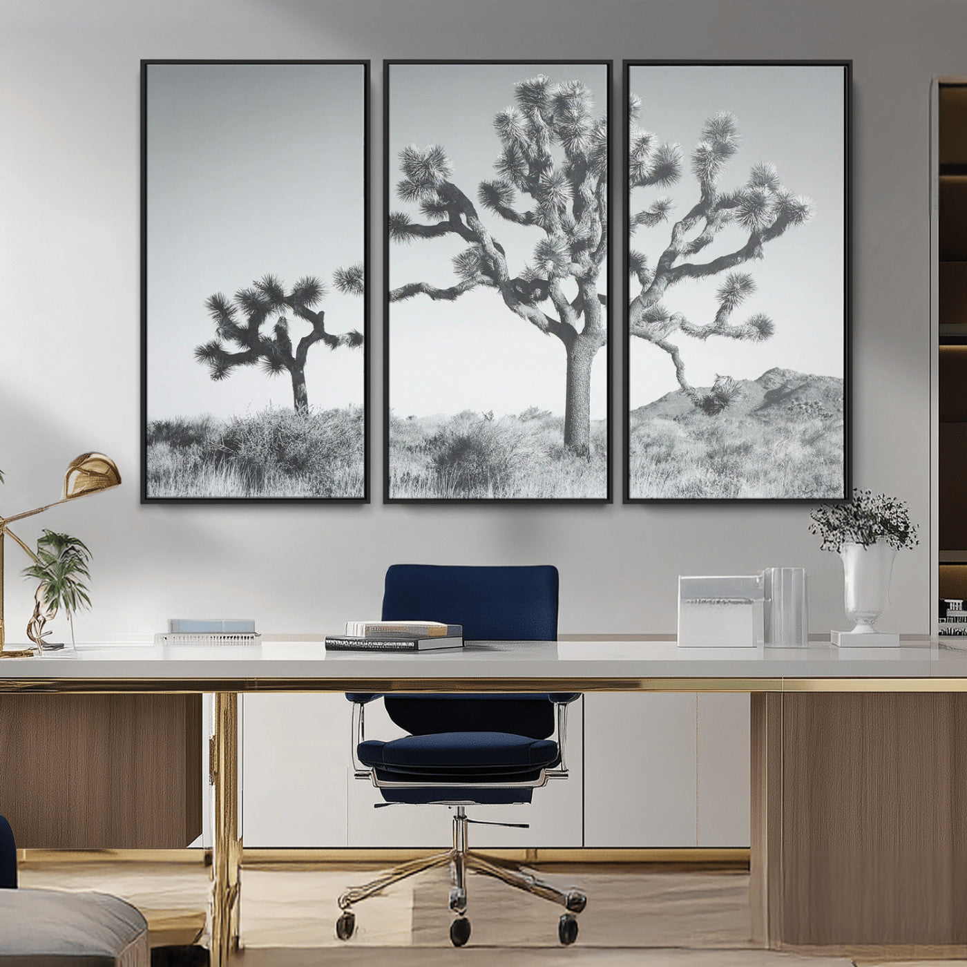 Black and white Joshua tree in a desert landscape with soft light and dry brush, perfect for rustic or minimalist home decor.
