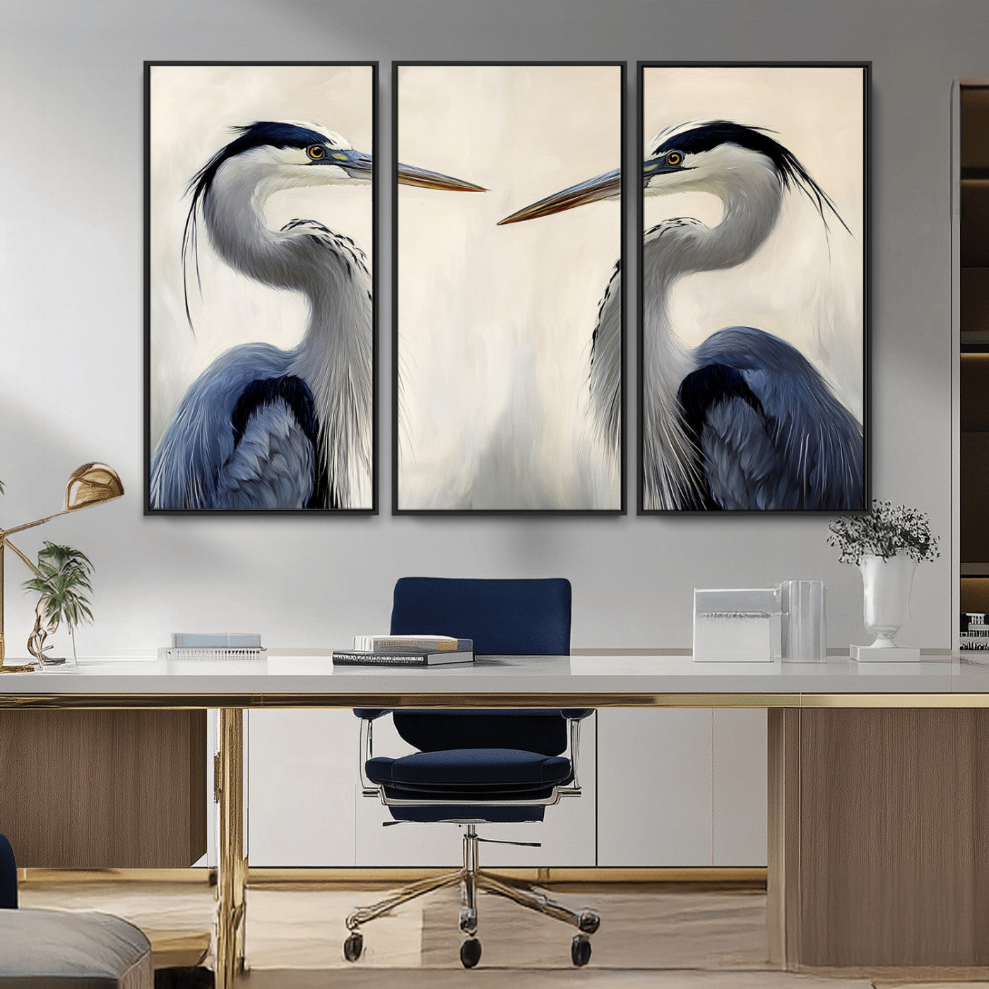 Two blue herons facing each other on a soft neutral background, ideal for coastal, tranquil, or nature-inspired minimalist interiors.