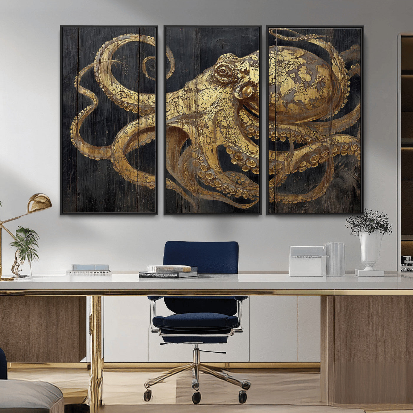A detailed gold illustration of an octopus on black wooden planks, showing its intricate tentacles and textured skin in an artistic style.