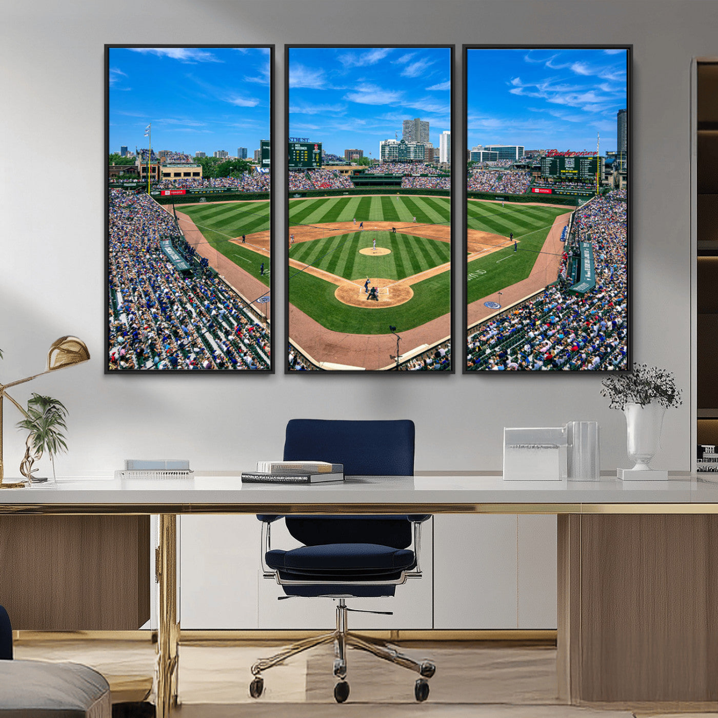 Wrigley Field Baseball Stadium Canvas Wall Art, Packed Crowd Sports Stadium Print, City Skyline Baseball Field Canvas for Game Room Decor