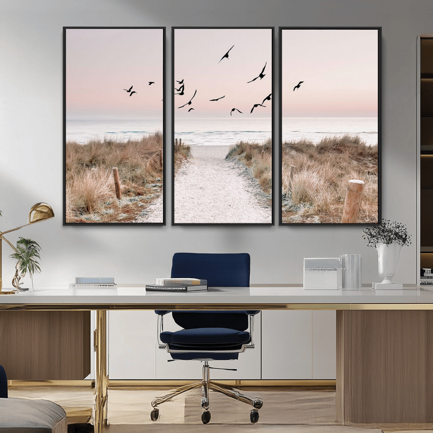 A peaceful coastal pathway leading to the ocean, with birds flying across a soft pastel sky, creating a calm and scenic beach atmosphere.