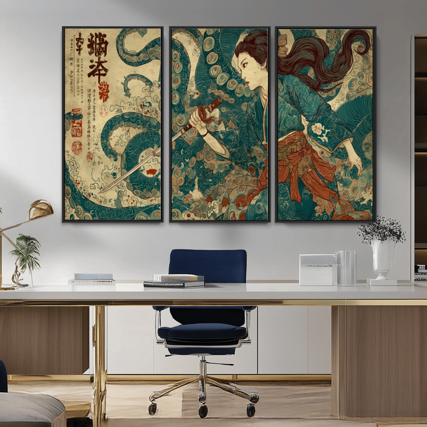 Tsukioka Yoshitoshi Samurai Wall Art Print, Japanese Katana Warrior Canvas Wall Art, Octopus Sea Monster Canvas Print,