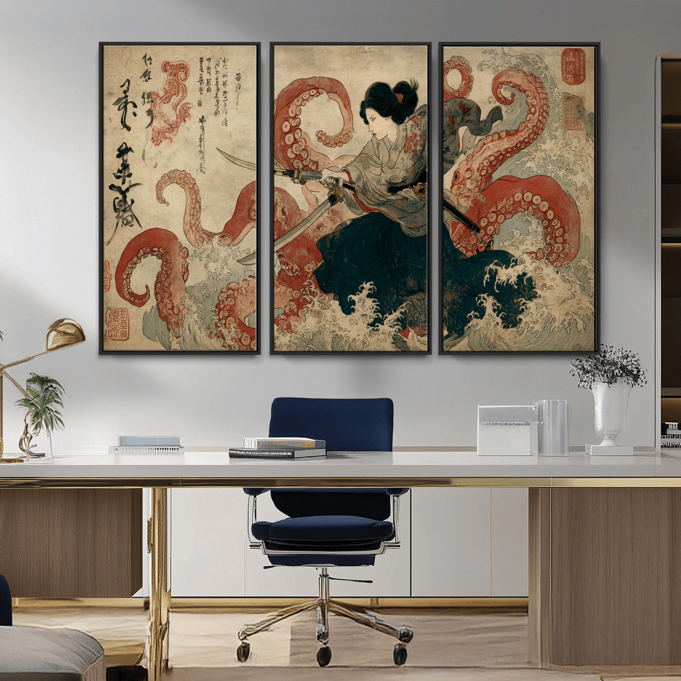 Tsukioka Yoshitoshi Samurai Wall Art Print, Japanese Katana Warrior Canvas Wall Art, Octopus Sea Monster Canvas Print,