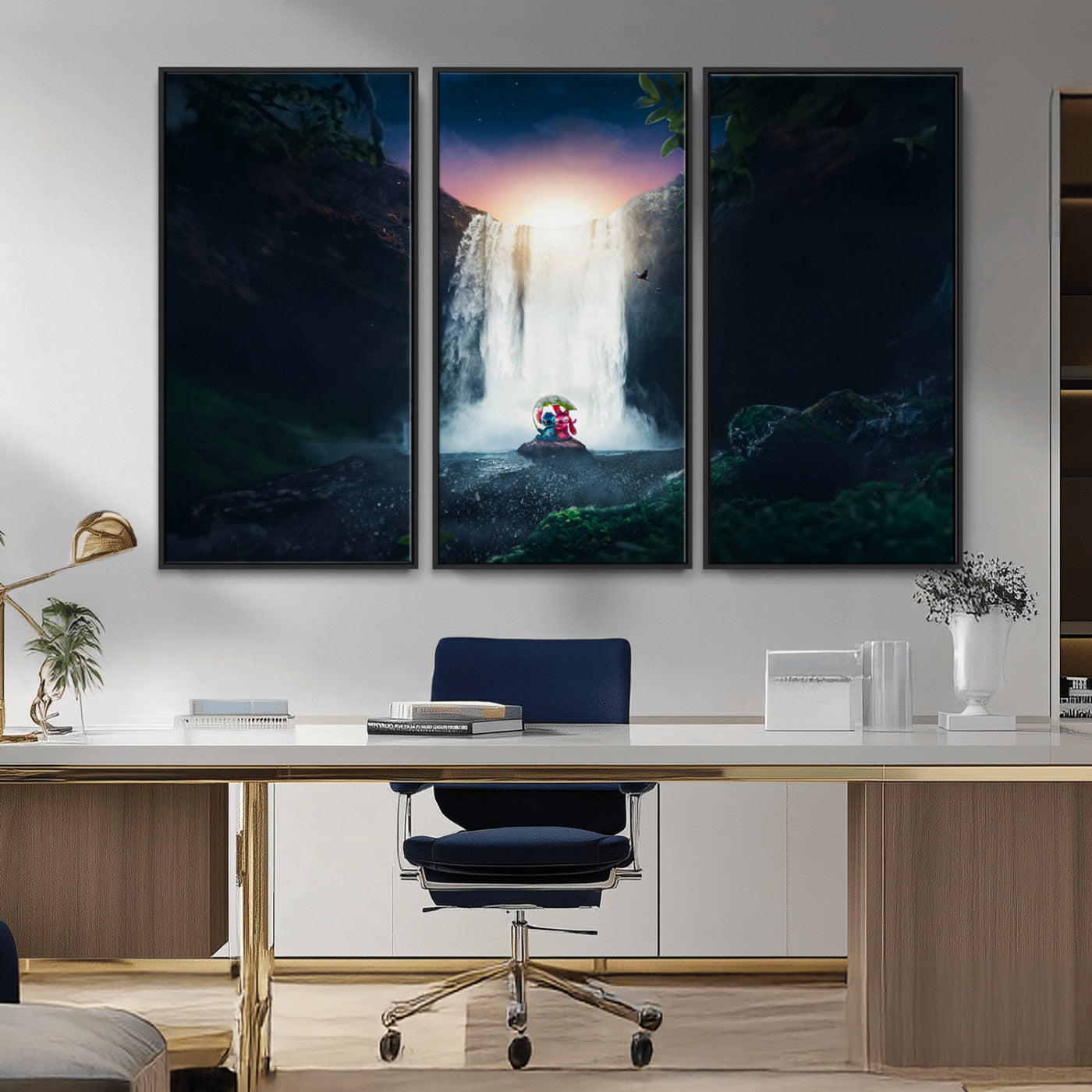 Romantic scene of Stitch and Angel sitting under a leaf in front of a glowing waterfall, ideal for tropical or fantasy-themed decor.