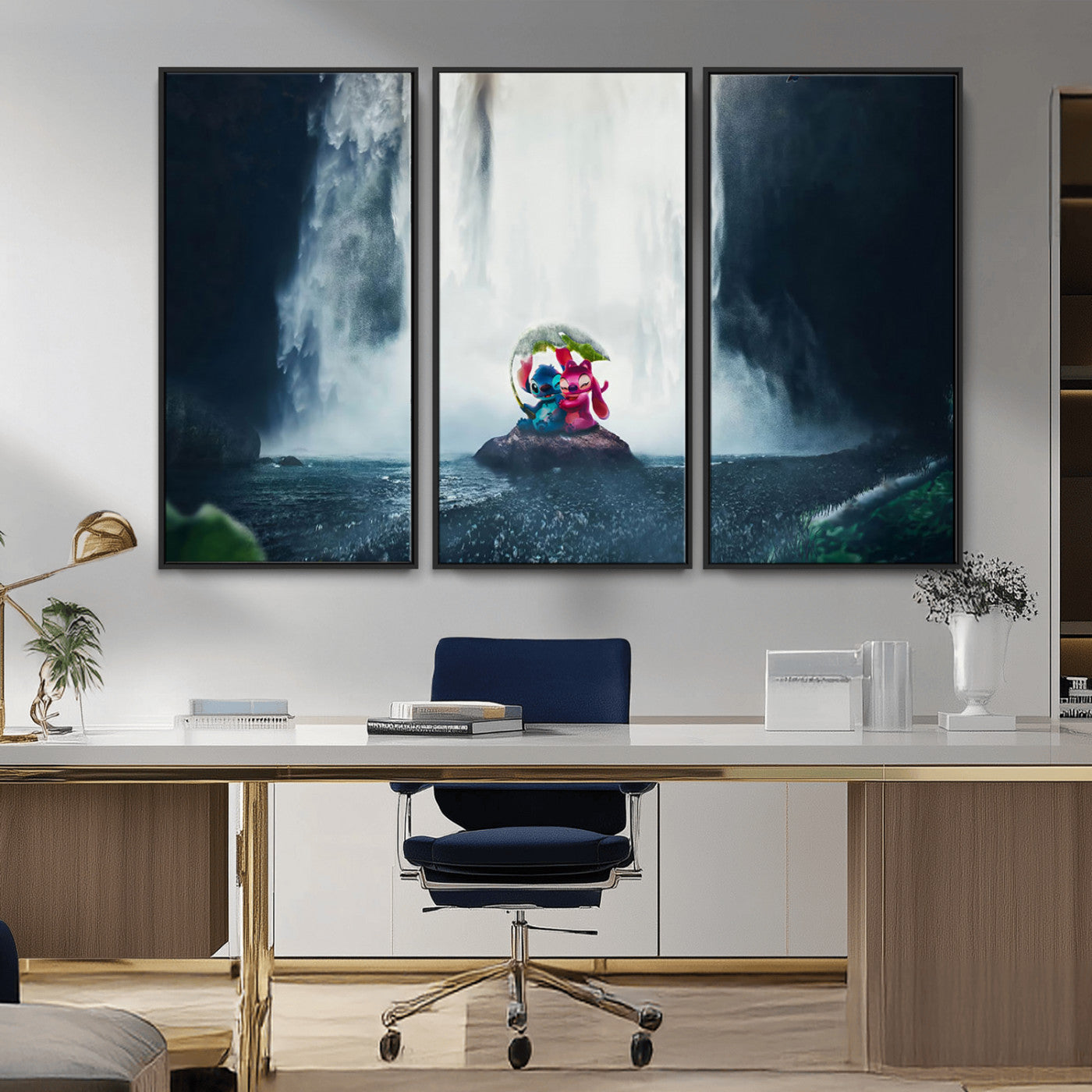 Fantasy canvas of Stitch and Angel under a leaf umbrella in front of a dramatic waterfall, perfect for moody jungle-themed or animated decor.