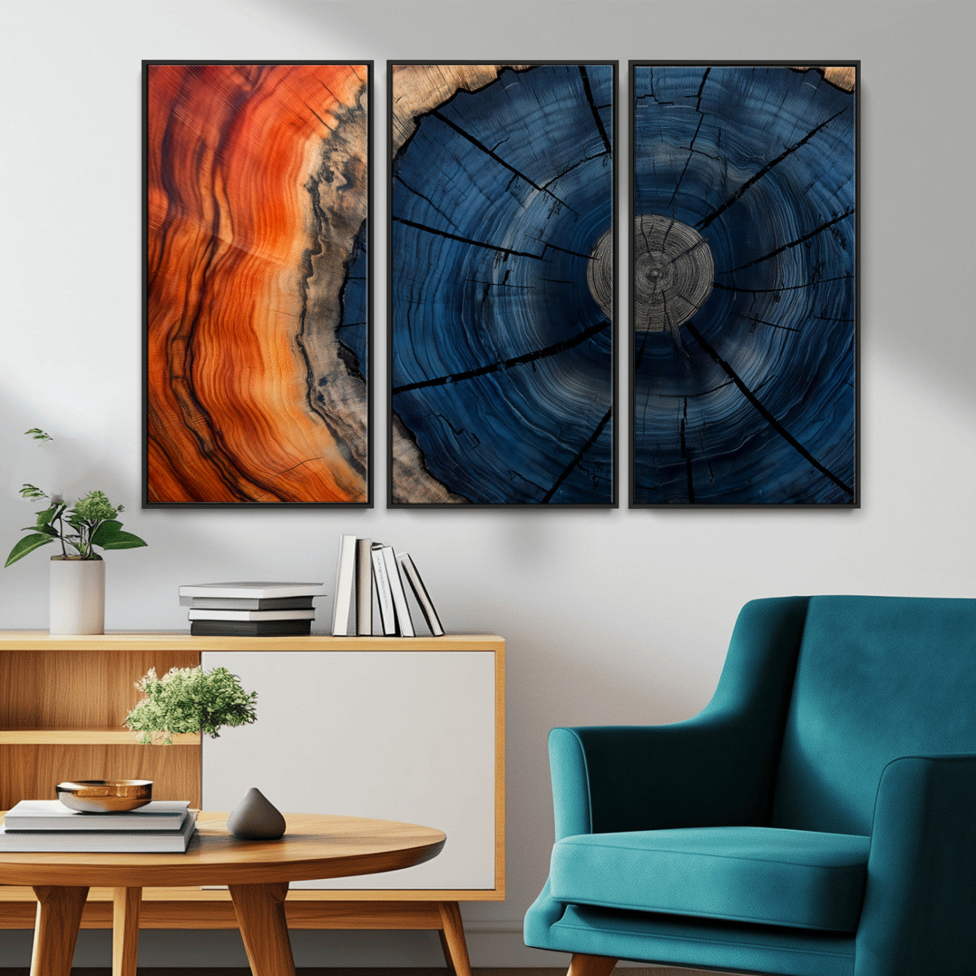A captivating close-up of a tree trunk, showcasing its concentric rings in rich shades of blue, orange, and brown, highlighting the organic patterns of natural wood.