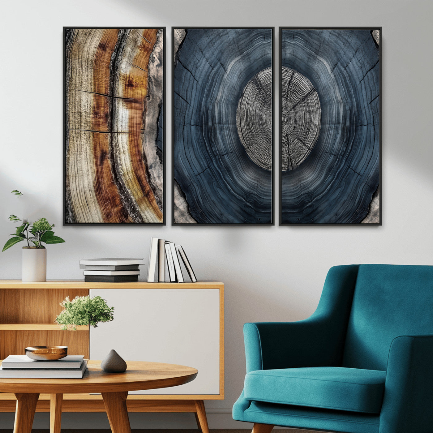 A stunning close-up of a tree trunk showing the intricate, circular growth rings, showcasing the natural textures and rich contrasts in deep blues, browns, and silvers.