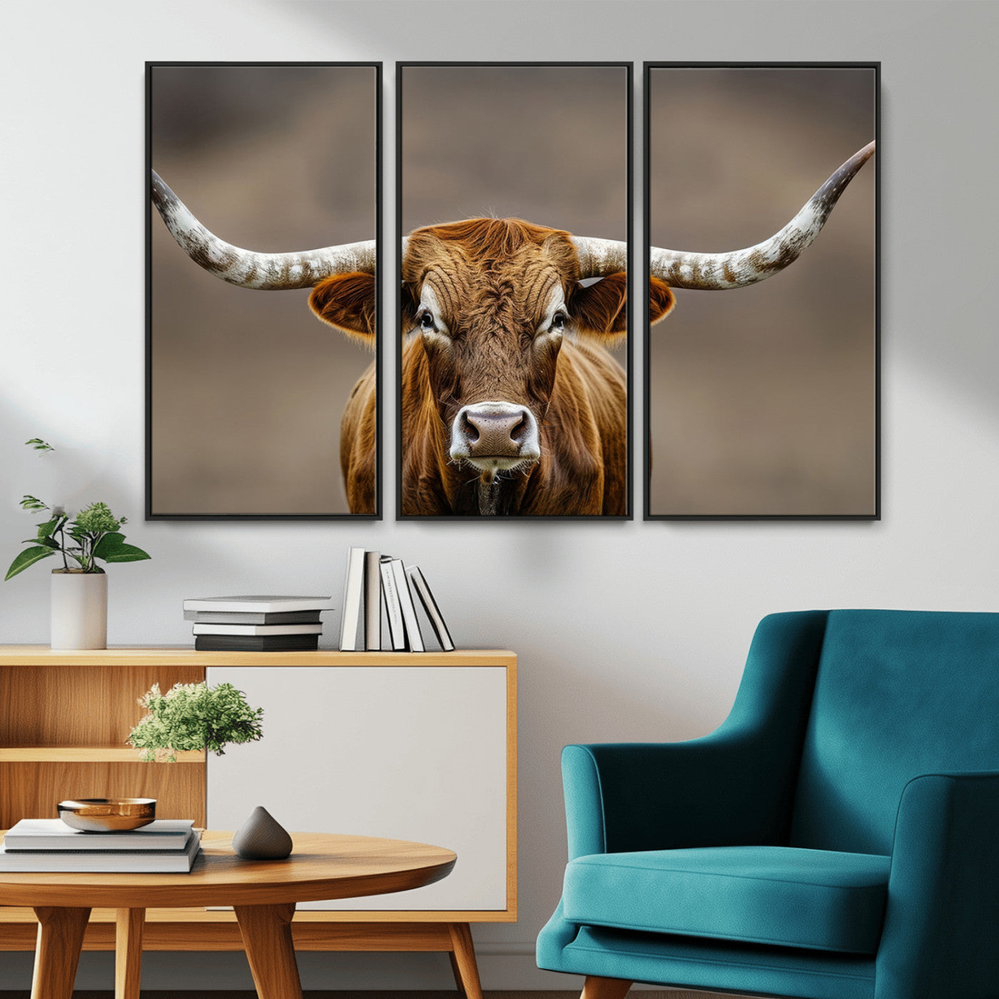 Close-up of a Texas Longhorn with strong curved horns and warm brown tones, perfect for rustic or western-style wall decor.