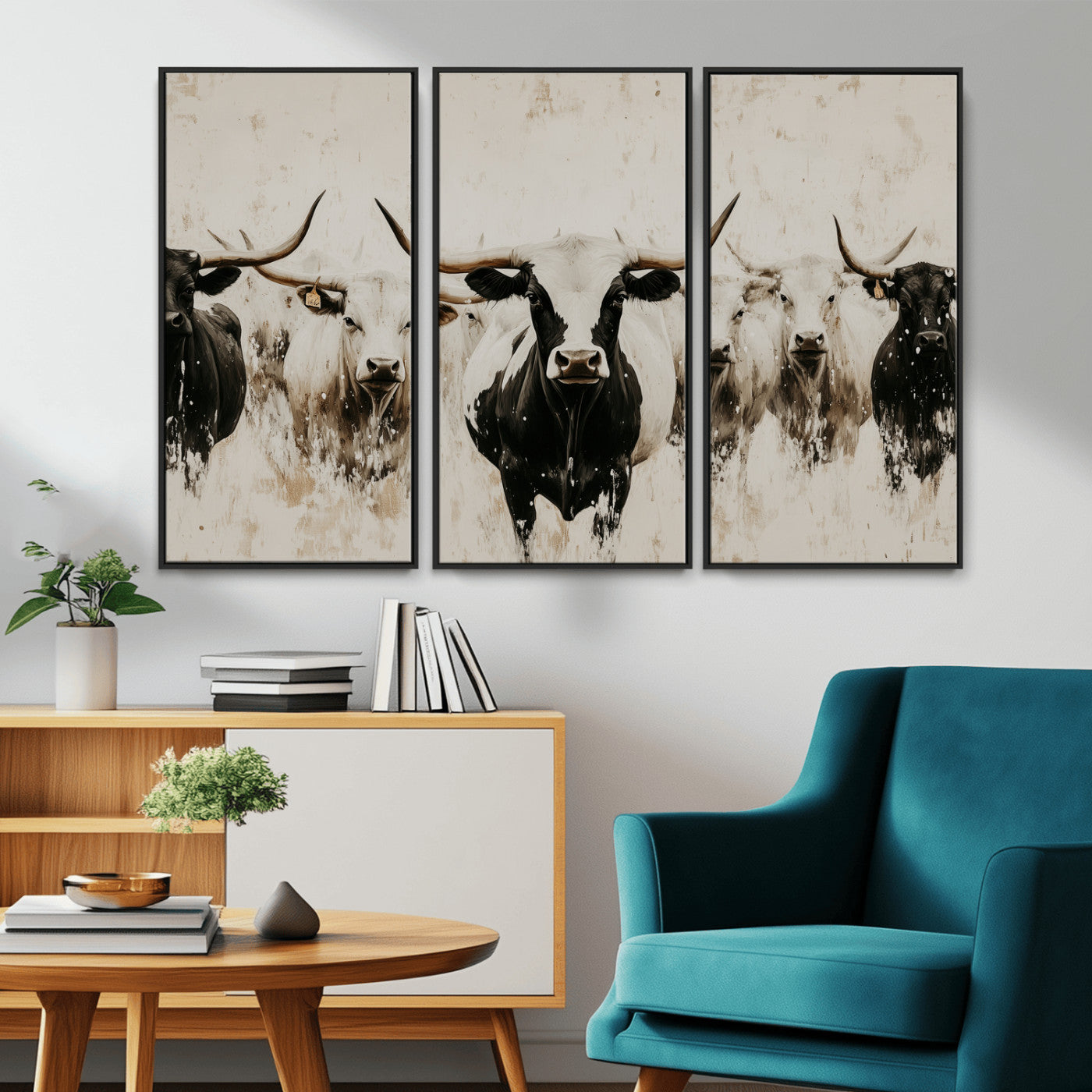 Illustrated herd of longhorn cattle in black and white tones with a neutral textured background, perfect for rustic or farmhouse-style decor.