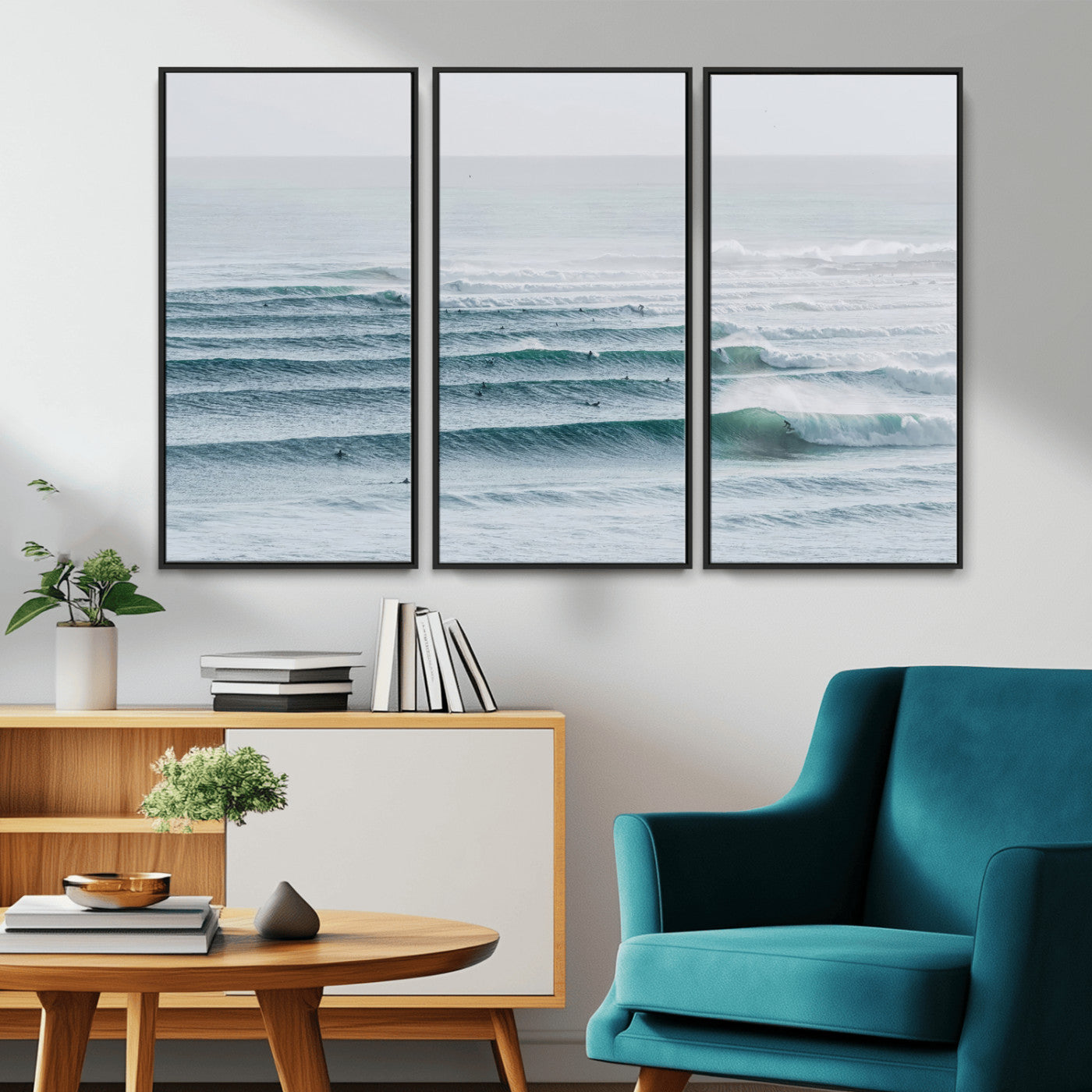 High-angle view of surfers lining up across layered ocean waves, ideal for minimal coastal or surf-inspired room decor.