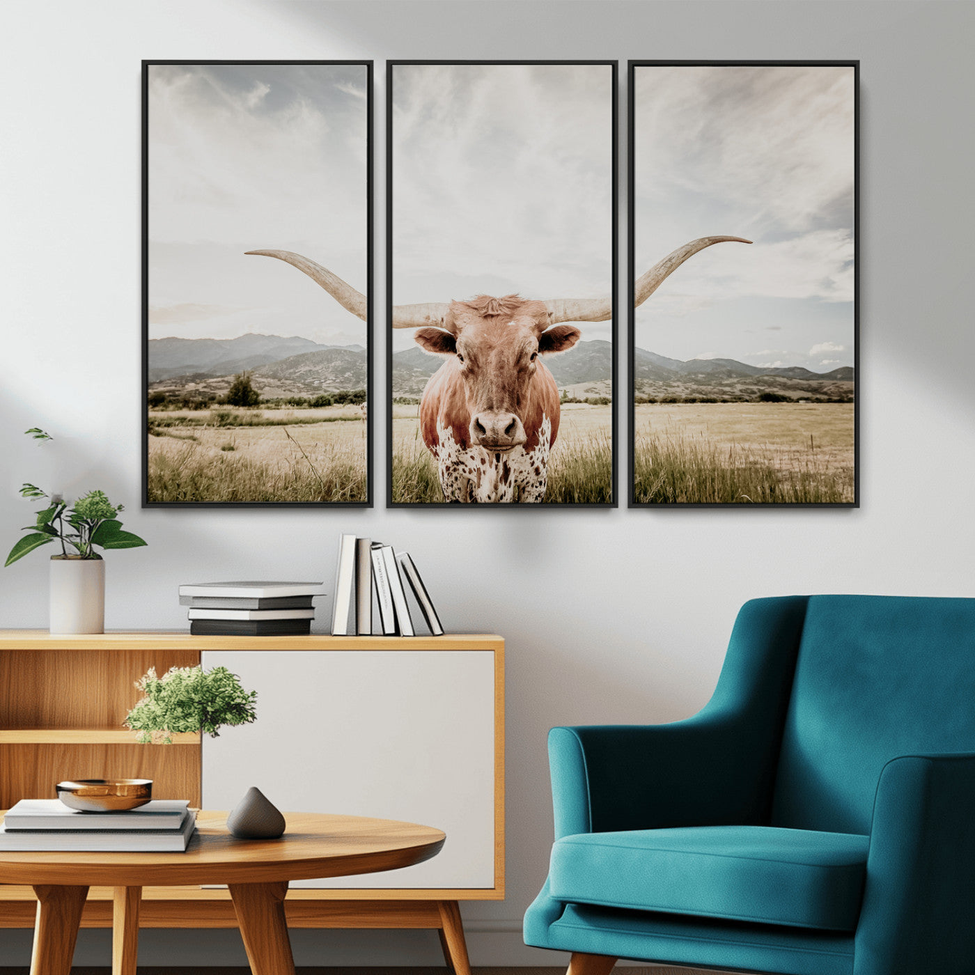 Longhorn Wall Art Print - Western Cow Canvas Print, featuring a majestic Texas longhorn in a rustic prairie setting, perfect for farmhouse and western decor.