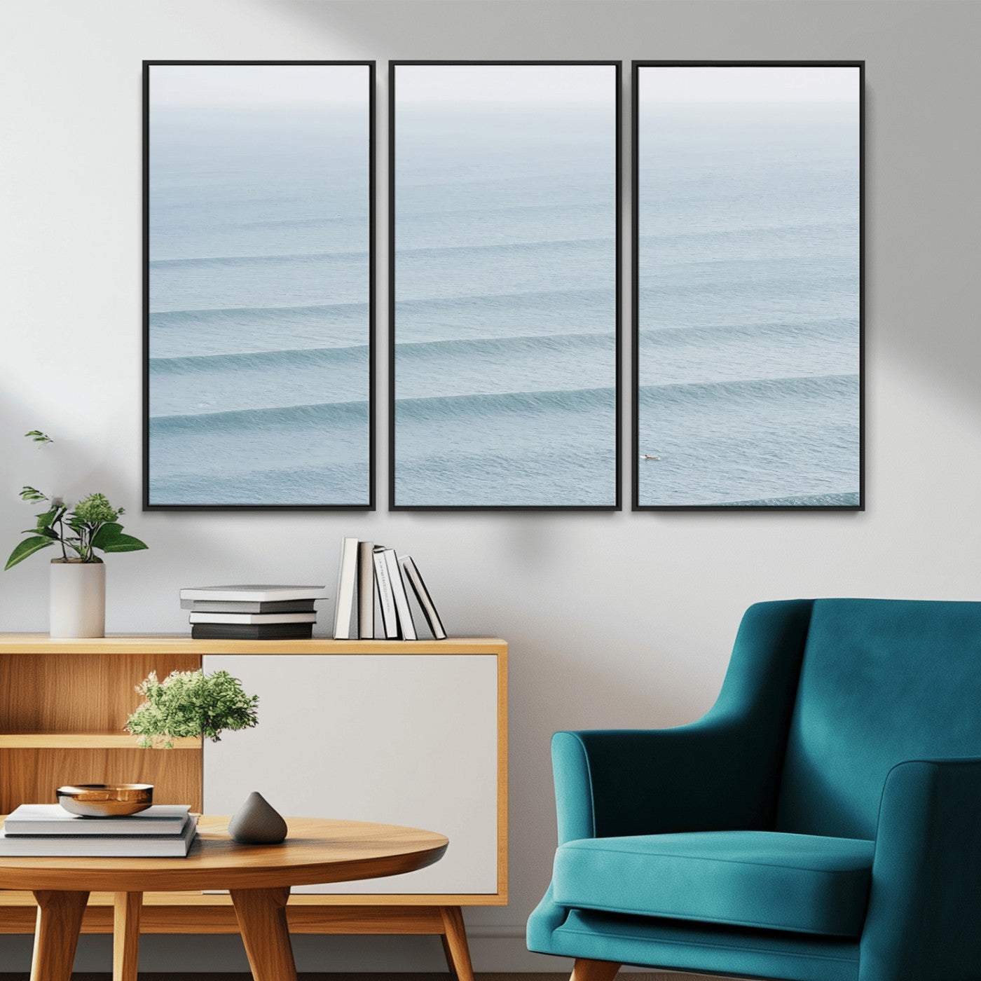 Framed canvas of repeating ocean waves with a distant solo surfer, ideal for minimalist ocean or calm coastal wall decor.