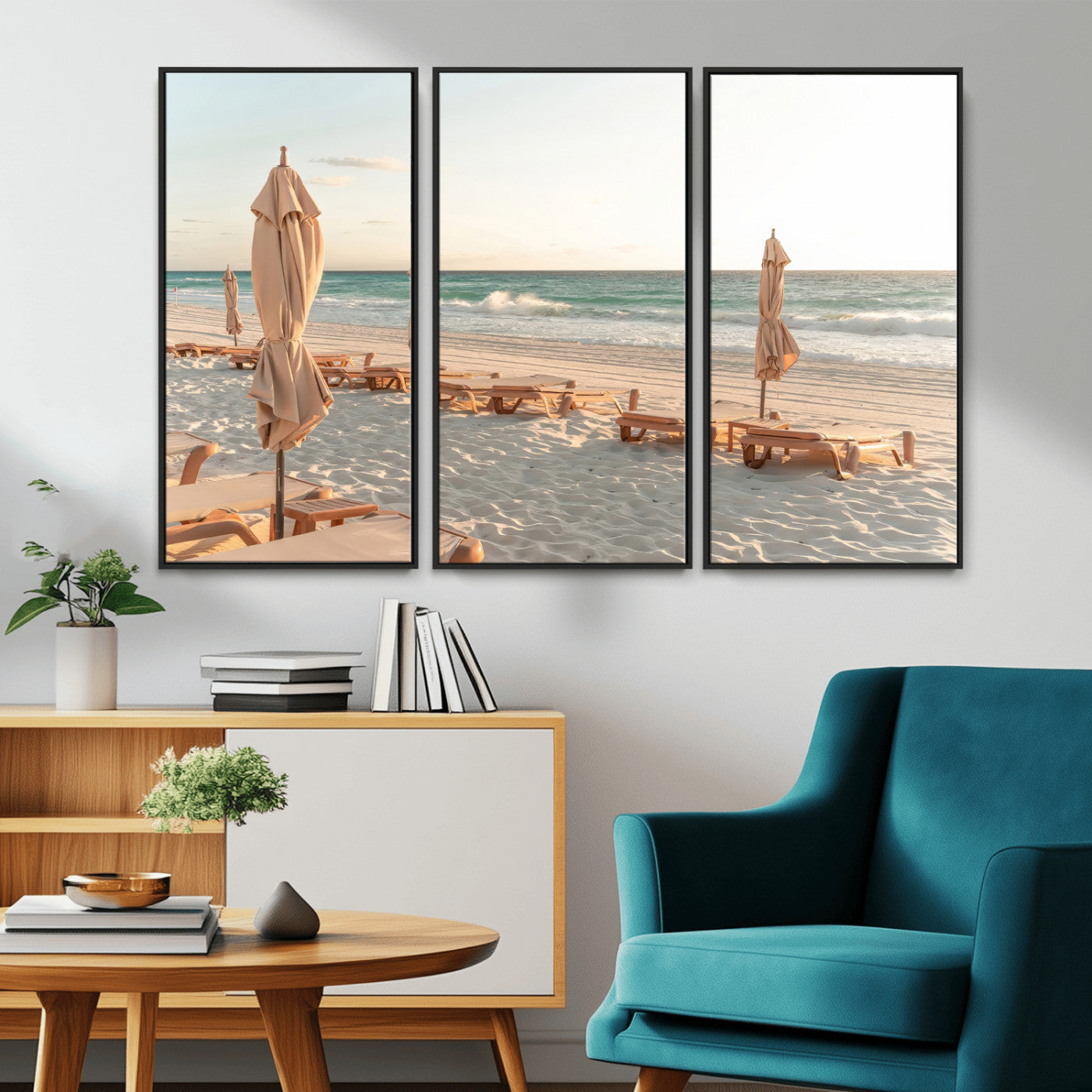 Minimalist photo of empty beach loungers and umbrellas on soft sand, ideal for calm seaside or pastel coastal-style home decor.
