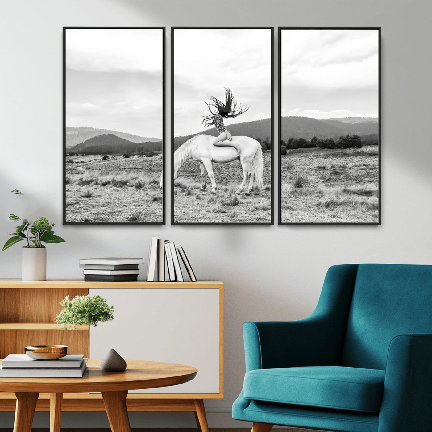 Black and white photo of a woman on a white horse in moody tones, ideal for Western Boho or modern rustic-style home decor.