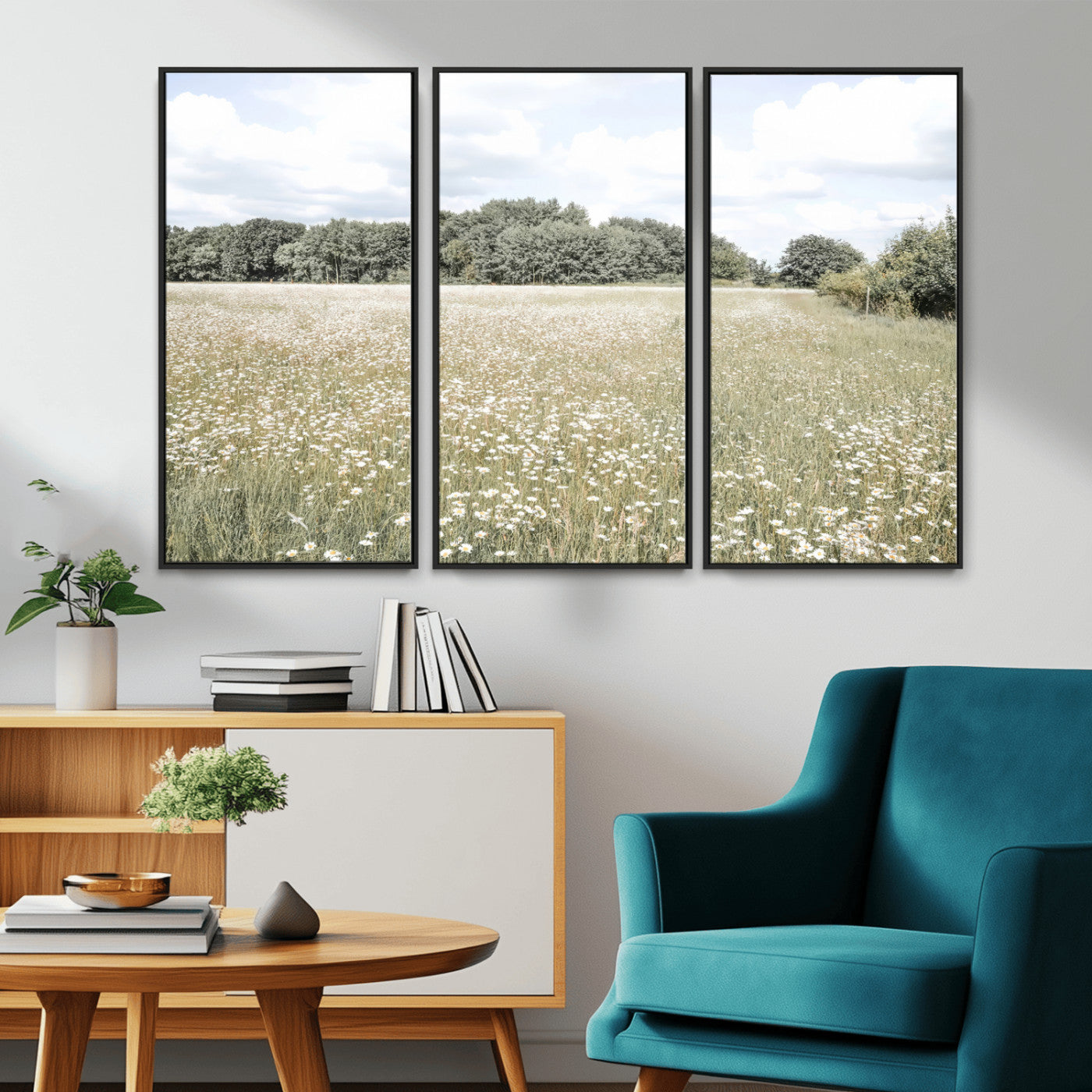 Soft-toned image of a wild daisy field under a cloudy sky, ideal for neutral or Scandinavian-inspired home decor.