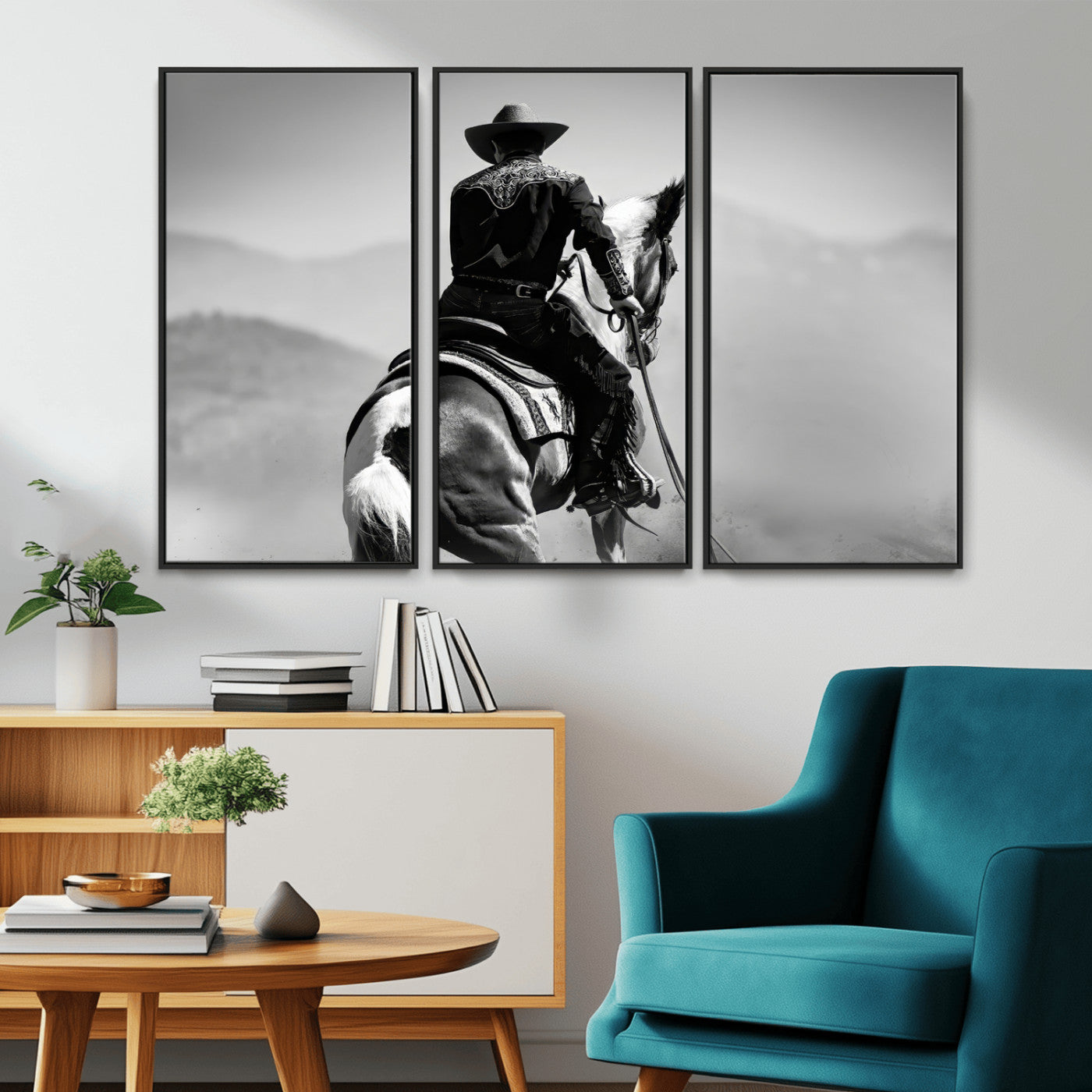 Black and white canvas of a cowboy on horseback with moody tones, perfect for rustic western or country-inspired home decor.