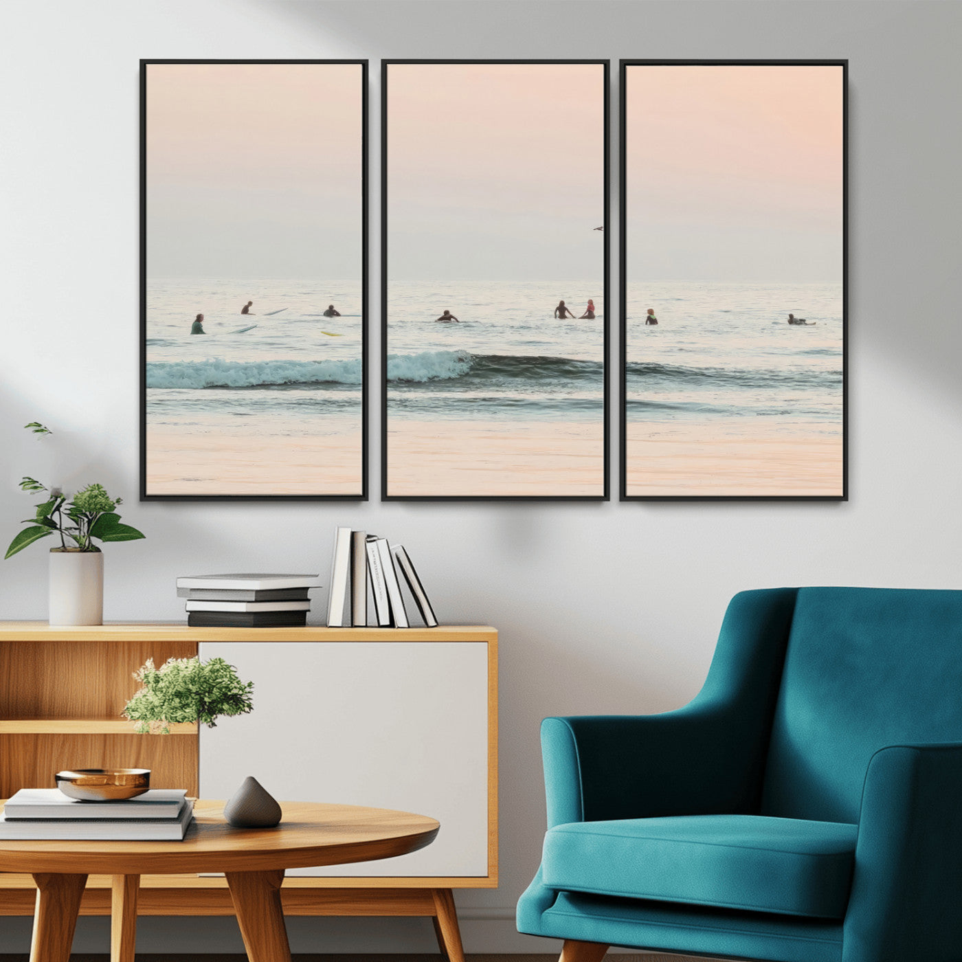 Dreamy photo of surfers waiting on soft pastel waves under a pink sunset sky, ideal for soft coastal minimalist or serene ocean-themed home decor.