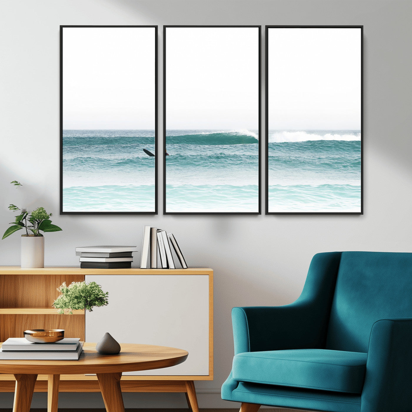 Minimalist photo of a lone surfer on calm aqua waves under bright sky, perfect for Scandinavian coastal or serene ocean-inspired home decor.