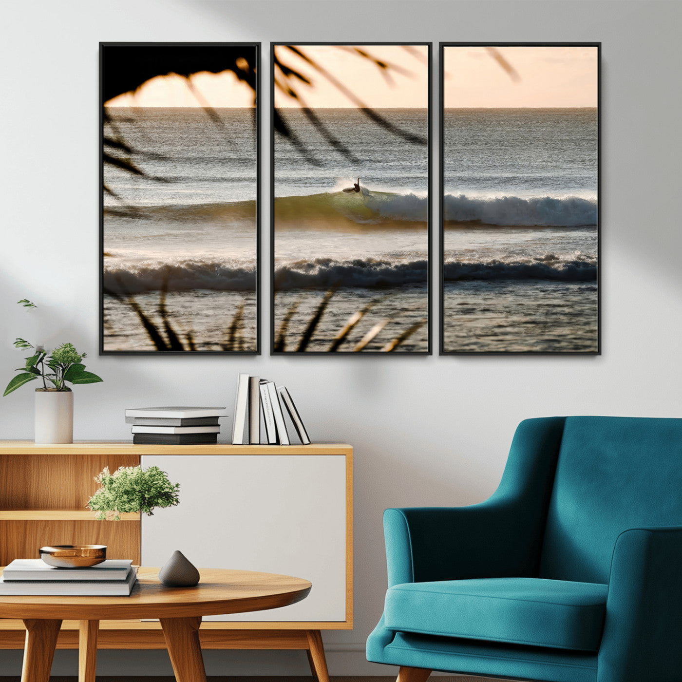Photo of a surfer riding a golden hour wave at sunset, with tropical tones and dreamy light, perfect for tropical boho or coastal home decor.
