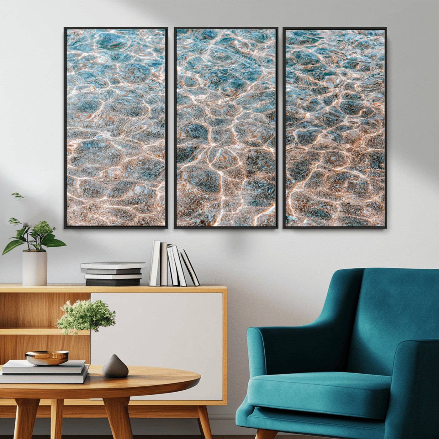 Close-up of sunlit ocean ripples with aqua blue and golden tones, ideal for modern coastal or minimalist home decor.