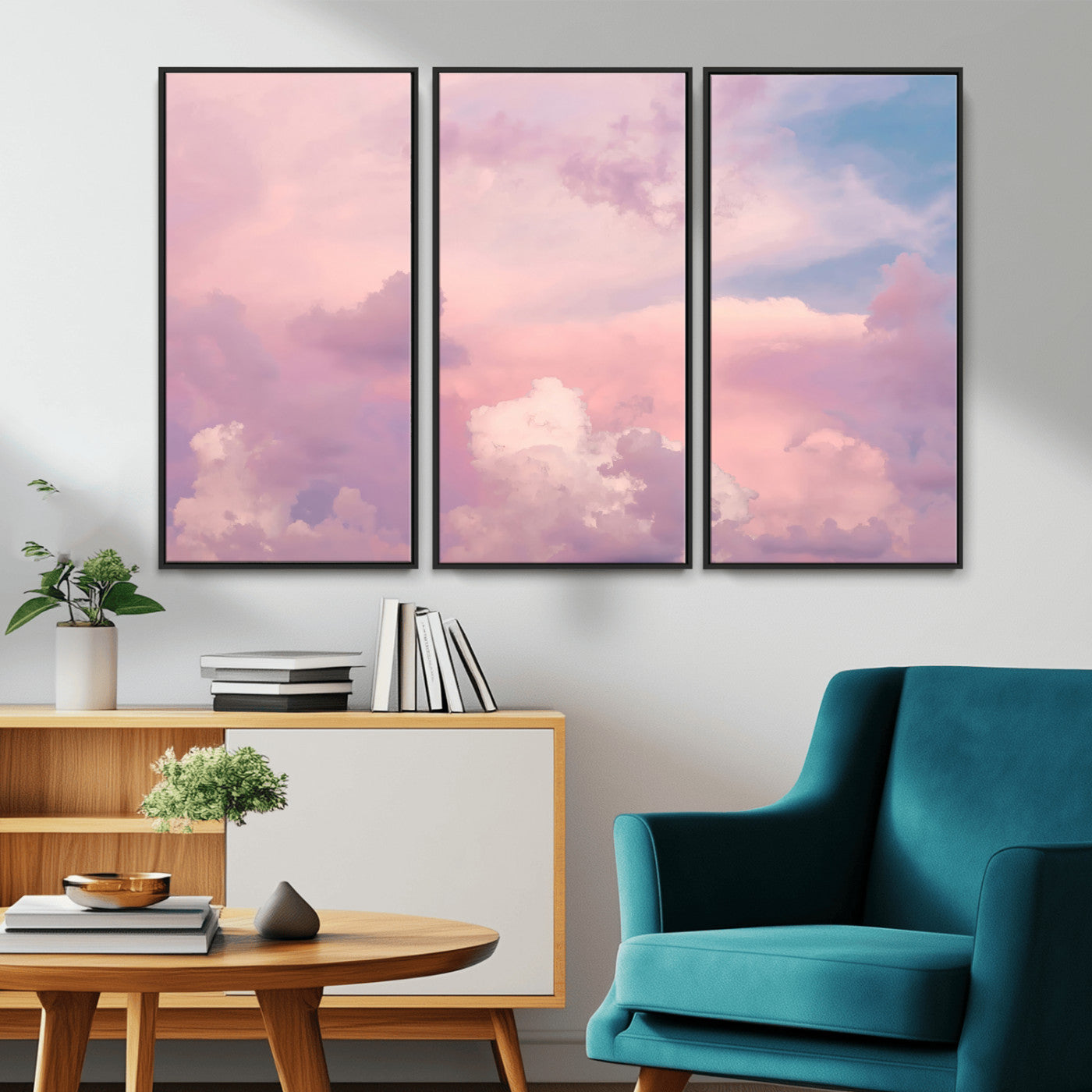 Soft pastel-colored clouds in shades of pink, purple, and blue, creating a dreamy and serene sky perfect for a calming decor touch.