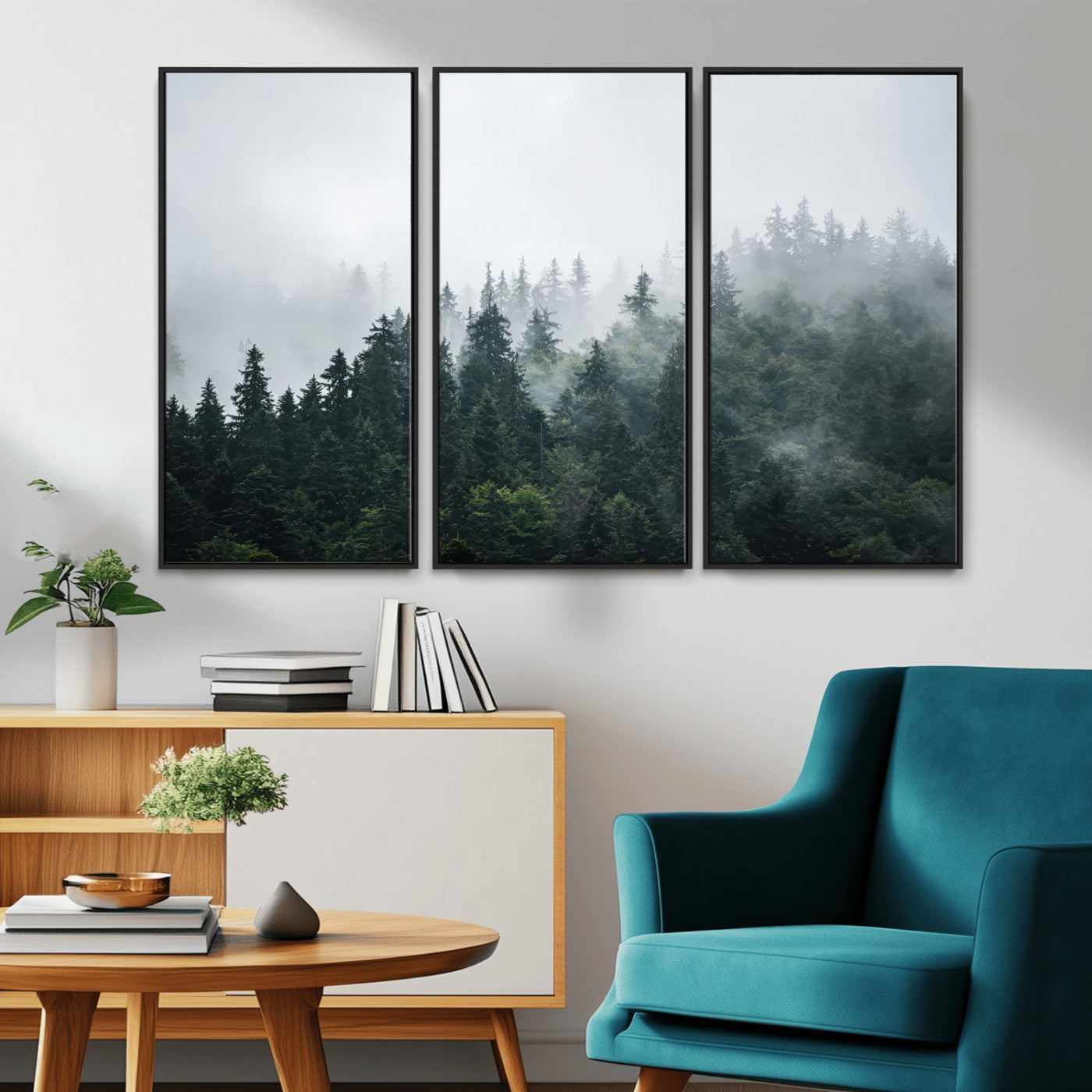 A misty evergreen forest shrouded in soft fog, creating a tranquil and moody landscape with lush green trees fading into the distance.