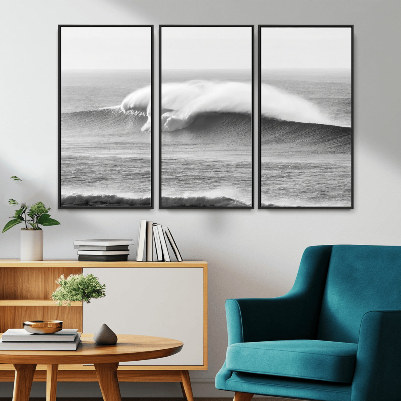 A dramatic black and white ocean wave crashing with immense force, capturing the raw power and movement of the sea in a bold seascape.
