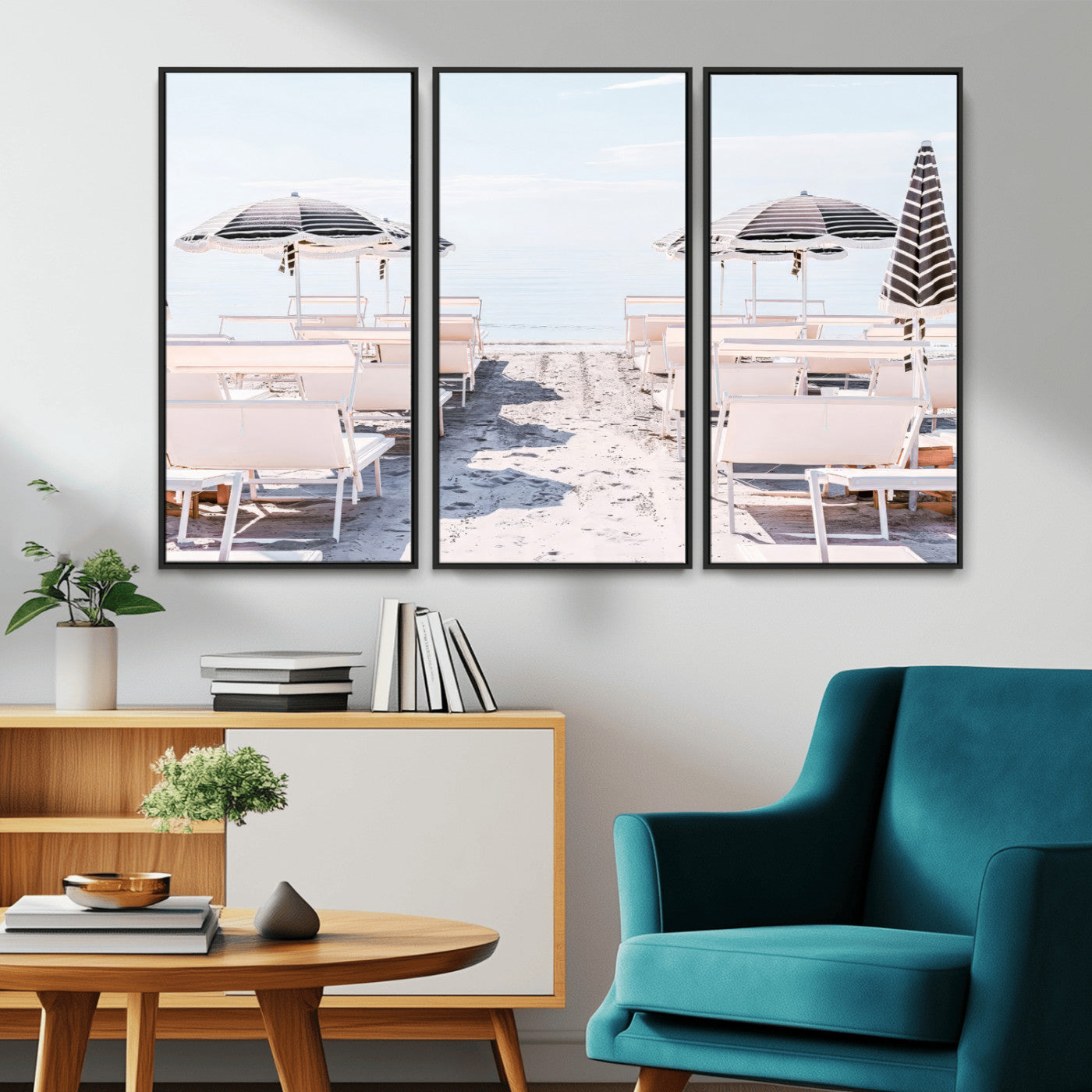 A serene minimalist beach scene featuring striped umbrellas, soft pastel sand, and an elegant lounge setup, creating a tranquil and stylish coastal retreat.