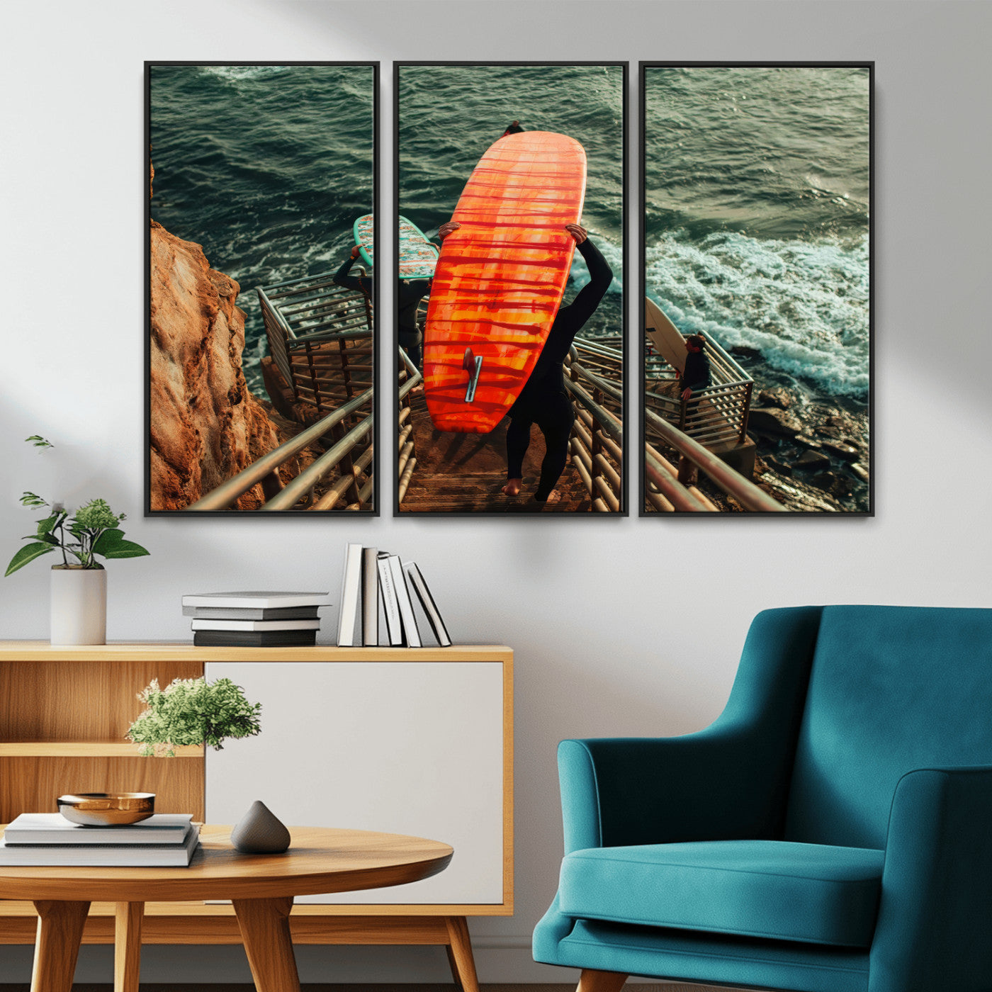 A surfer carrying a bold orange surfboard down a rugged staircase toward the ocean, bathed in golden hour light, capturing the energy of coastal adventure.