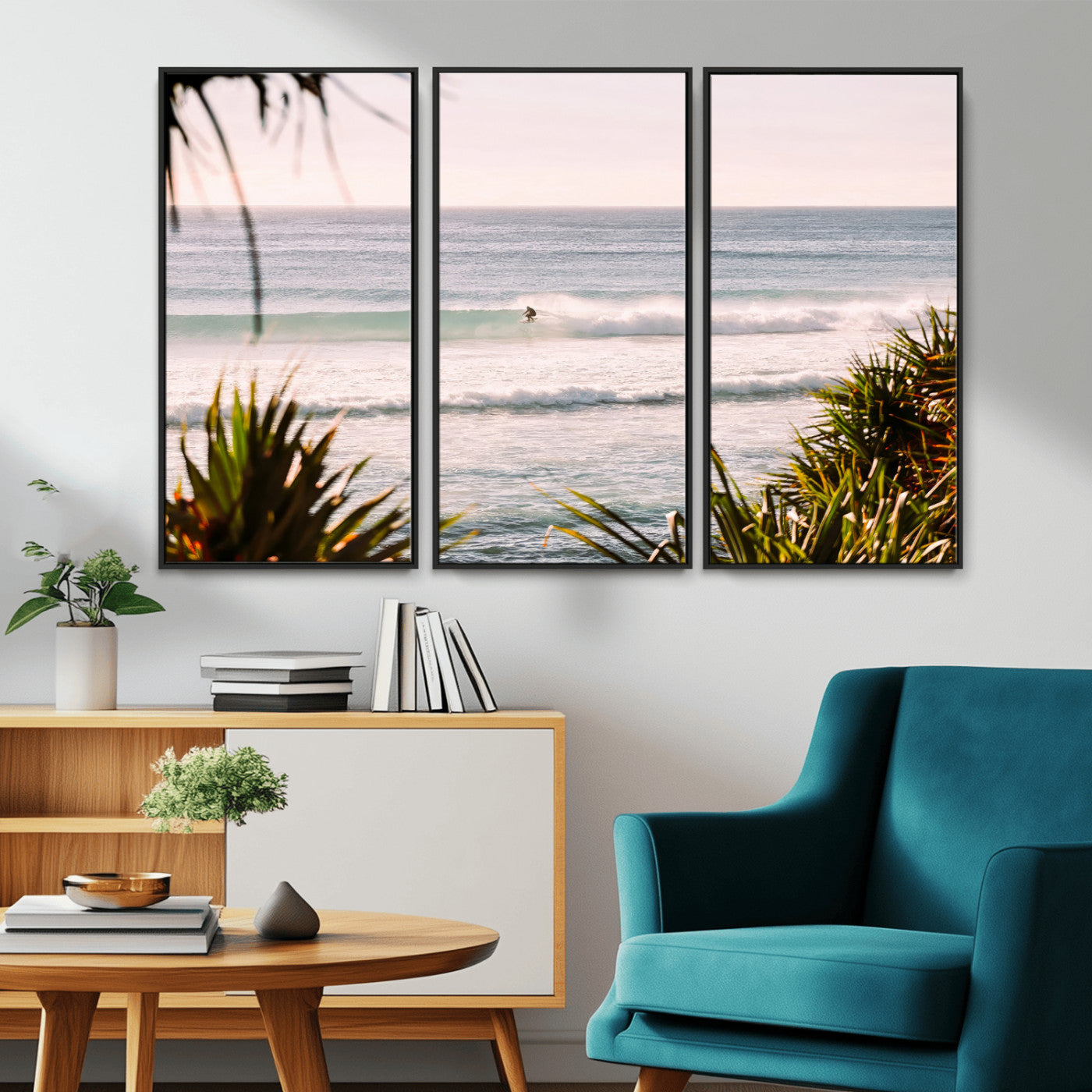 Canvas of a lone surfer riding a pastel wave at sunrise, perfect for tropical or coastal-themed spaces with a relaxed, airy vibe.