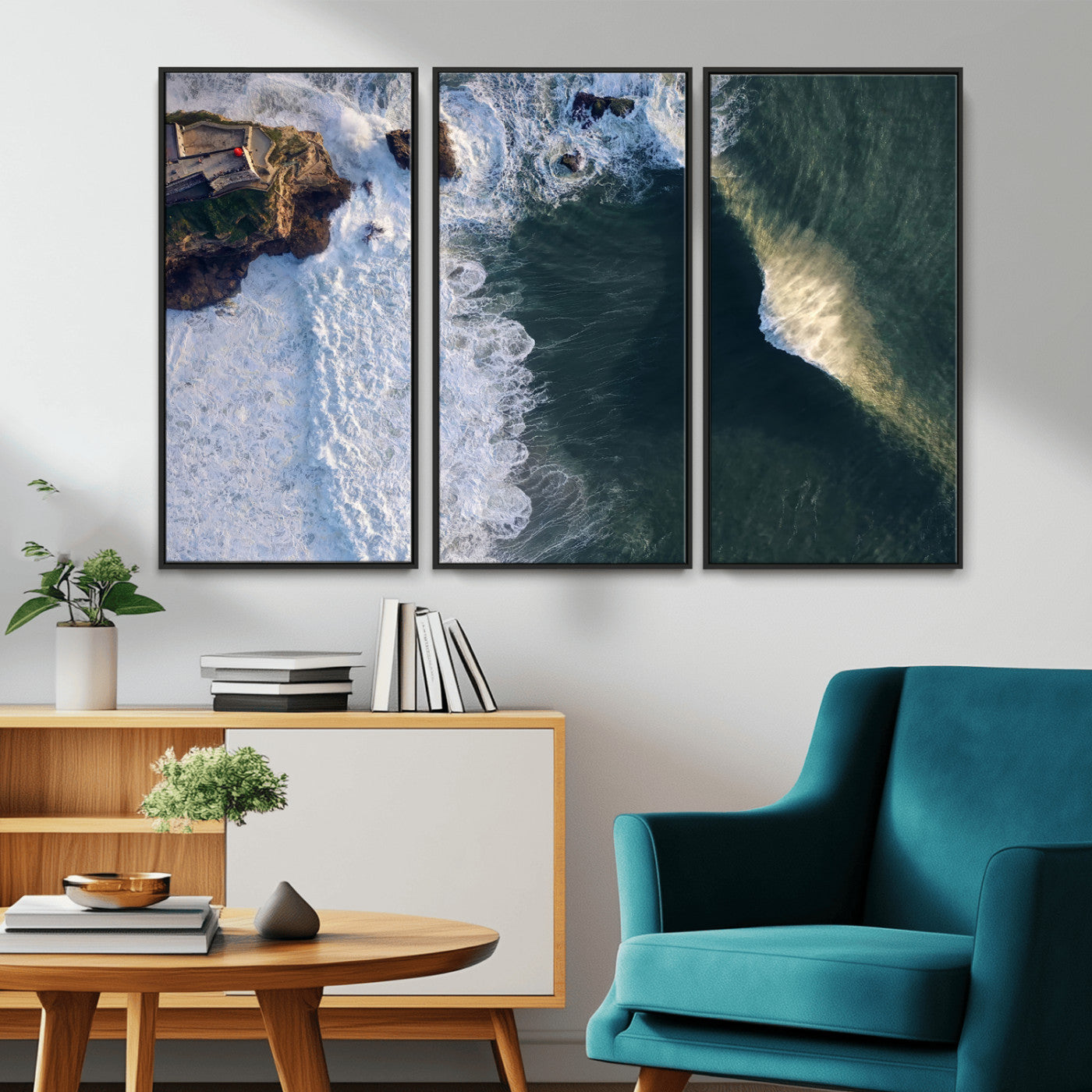 Canvas showing an aerial view of crashing waves along the Nazaré coastline, perfect for dramatic coastal or ocean-themed home decor.