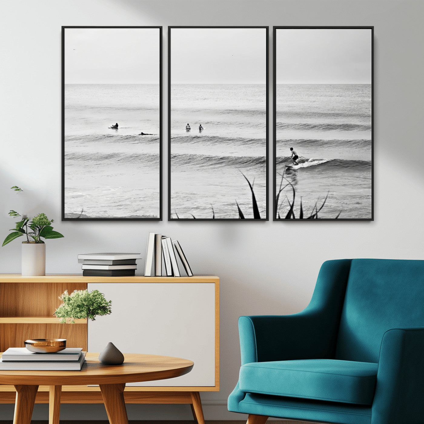 Monochrome canvas of surfers on calm ocean waves, ideal for minimalist coastal or beach-inspired interior decor.
