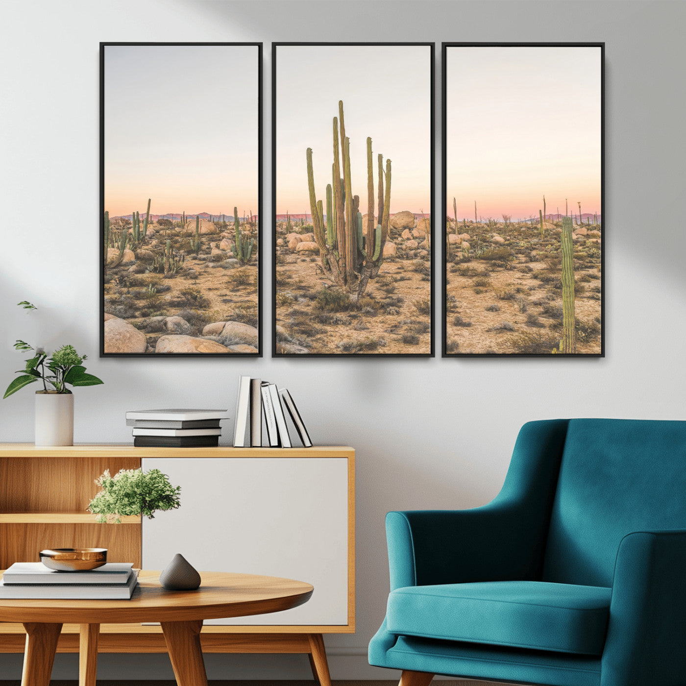 Canvas of tall desert cacti in warm sunset tones over a rocky Baja landscape, ideal for earthy or Southwestern-style home decor.