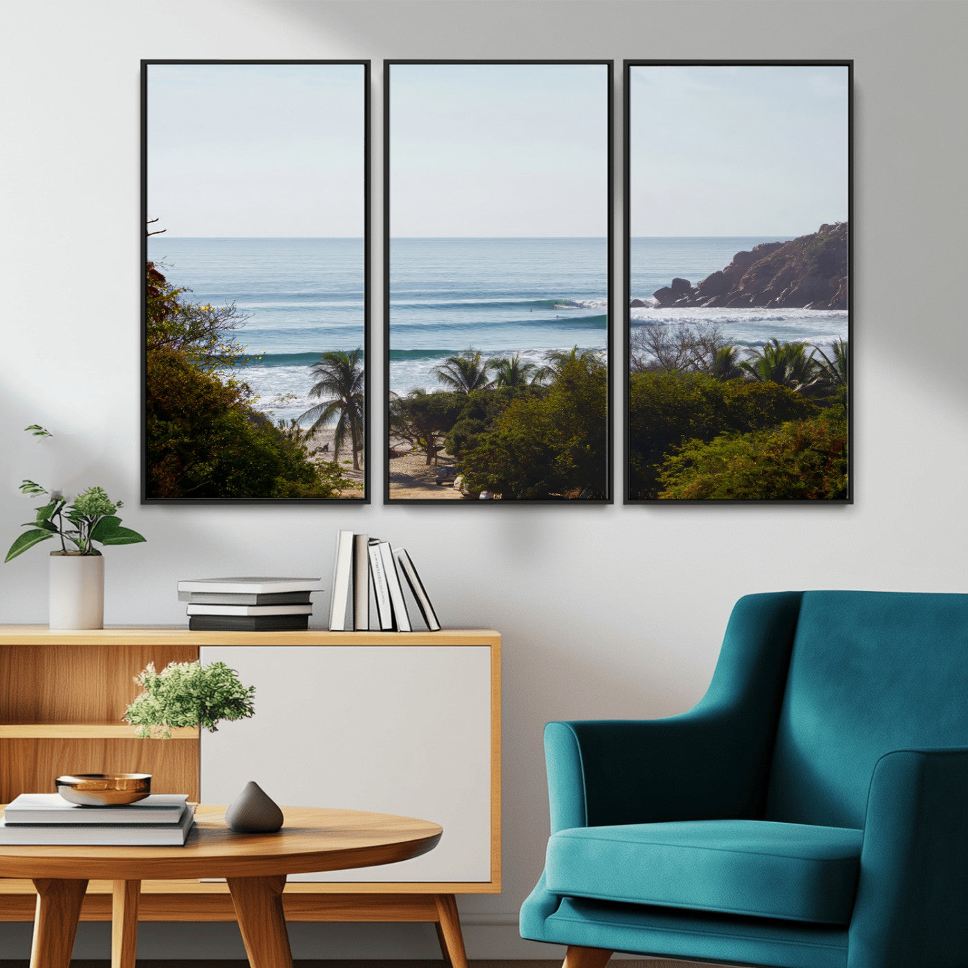 View of calm ocean waves with palm trees and a tropical coastline, ideal for coastal boho or beach-themed wall decor.