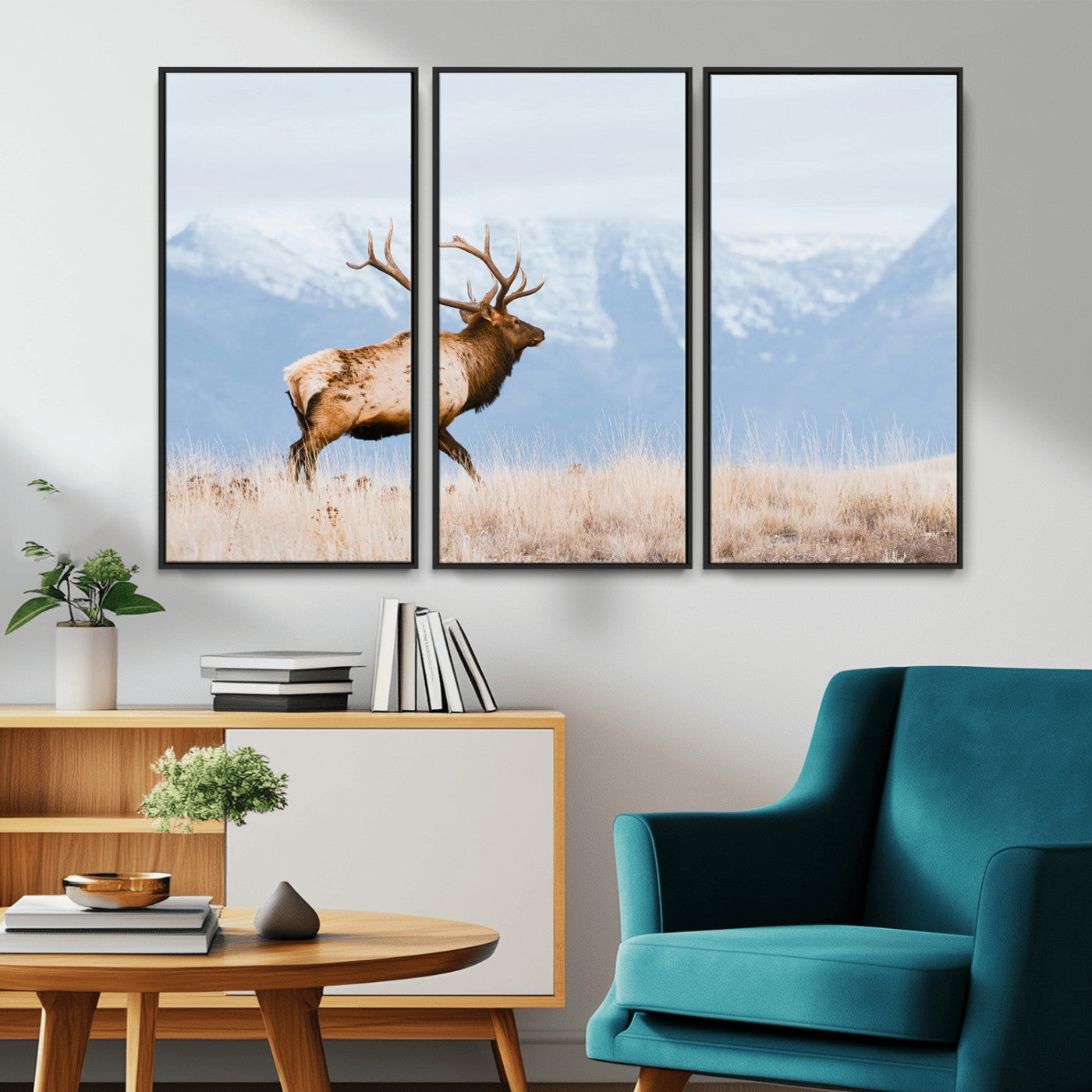 An elk walking on snowy grassland with majestic mountains in the background, ideal for rustic lodge or cabin wall decor.