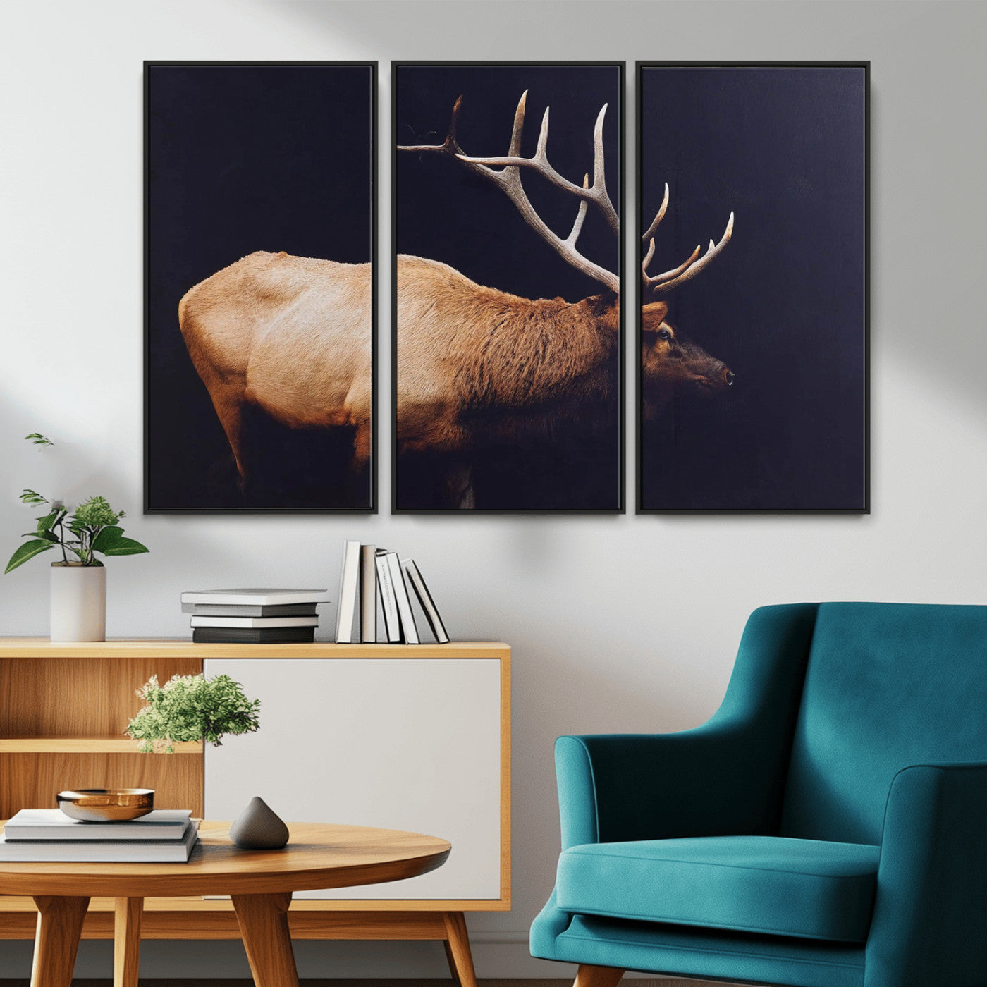 Side profile of an elk with large antlers on dark background, creating a bold rustic statement for cabin or Western-themed decor.