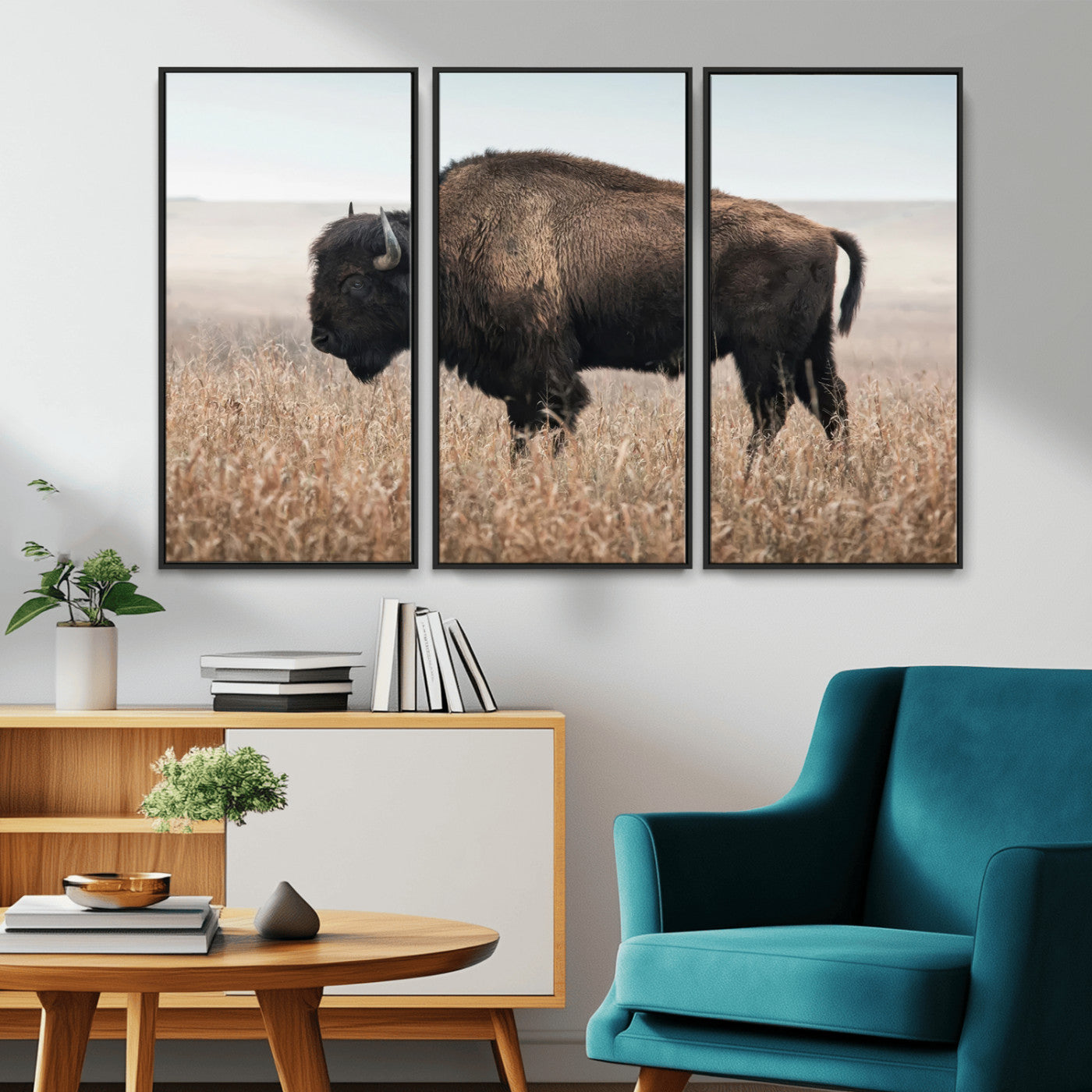 A lone bison stands in a vast prairie under a soft sky, evoking freedom and rustic charm for western or farmhouse inspired interiors.