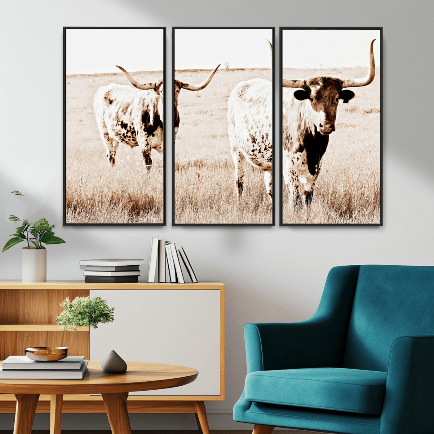 Two Texas longhorn cows standing in a sepia-toned pasture, evoking rustic charm perfect for farmhouse or western country interiors. (