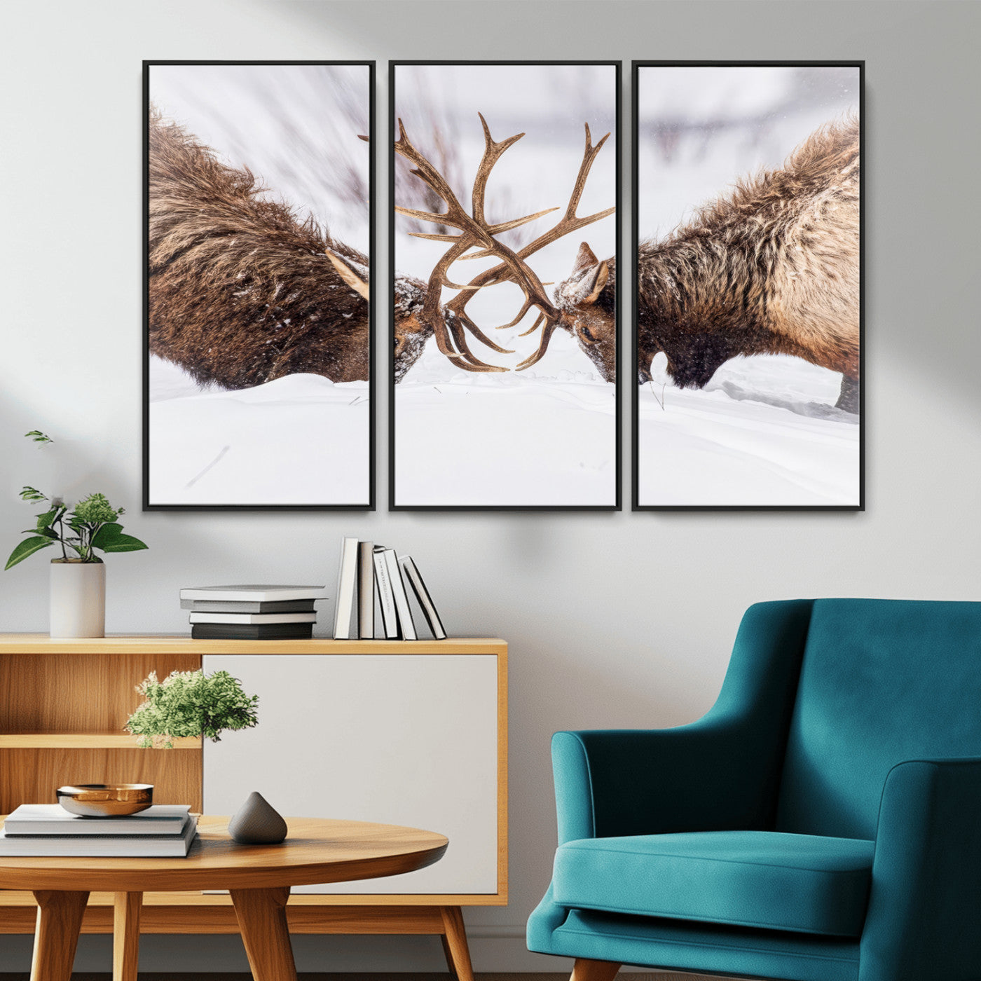 Two elk clashing antlers in a snowy forest, capturing raw power and wild energy, ideal for rustic cabin or lodge-style decor.